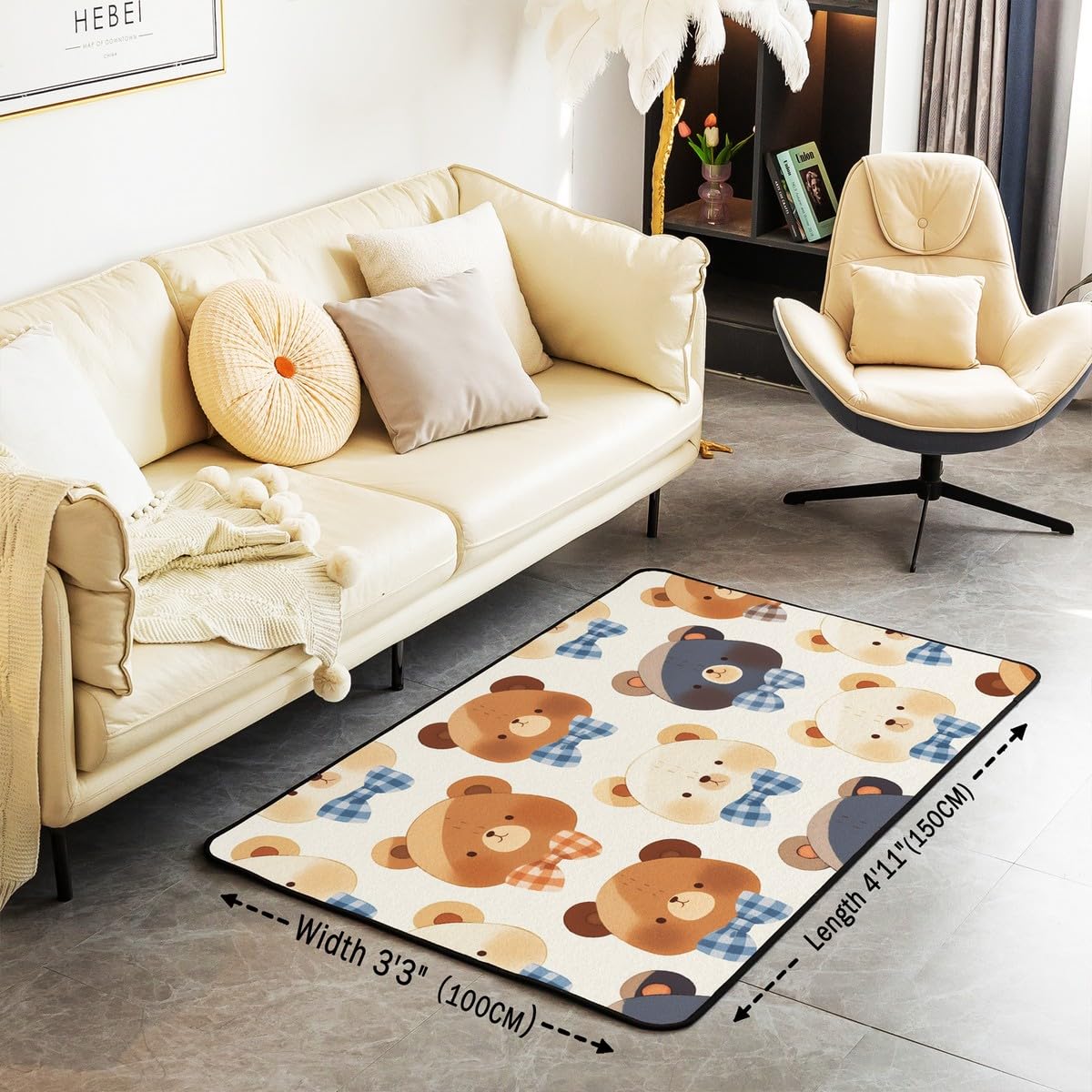 Homewish Dywan z motywem niedźwiedzia, 100 x 150 cm, do sypialni, salonu, pokoju zabaw, kawaii, kokarda, niebieska krata, kokarda, wewnętrzna mata podłogowa, antypoślizgowa, urocze zwierzę dekoracyjny