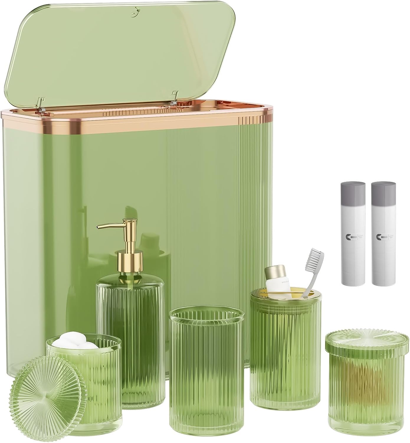 Green Bathroom Accessories Set 8 Pcs, Trash Can with Bags, Glass Bathroom Set Include Soap Dispenser, Toothbrush Holder, Tumbler, Qtip Holder Set, Vintage Bathroom Sink Set, Cute Bathroom Decor