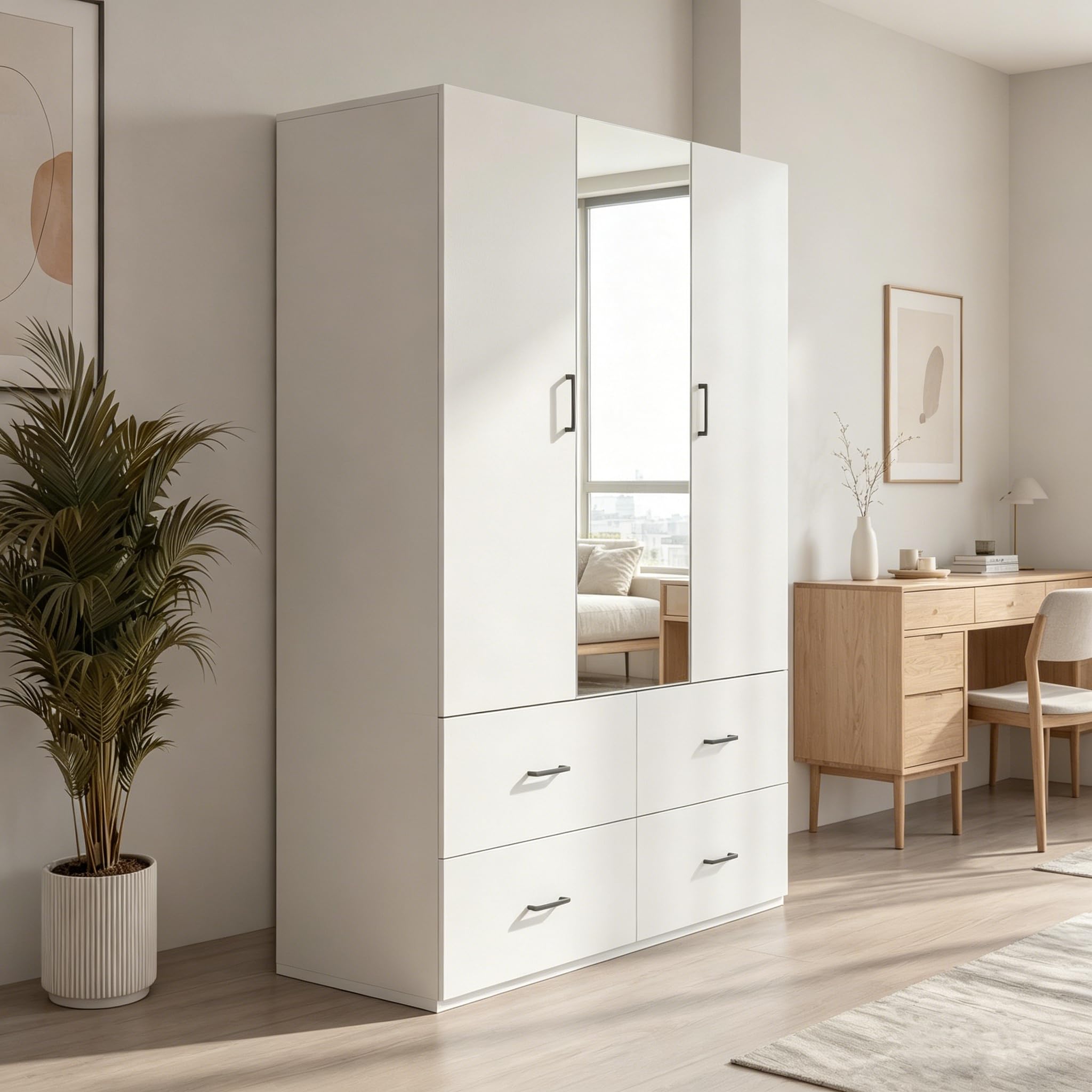 Armadio con Specchio, Armadio per Camera da Letto con 2 Ante e 4 Cassetti, Armadio moderno, Armadio in legno laminato, 130x51.8x181.5 cm, Bianco (Specchio al centro, 130x51.8x181.5 cm)