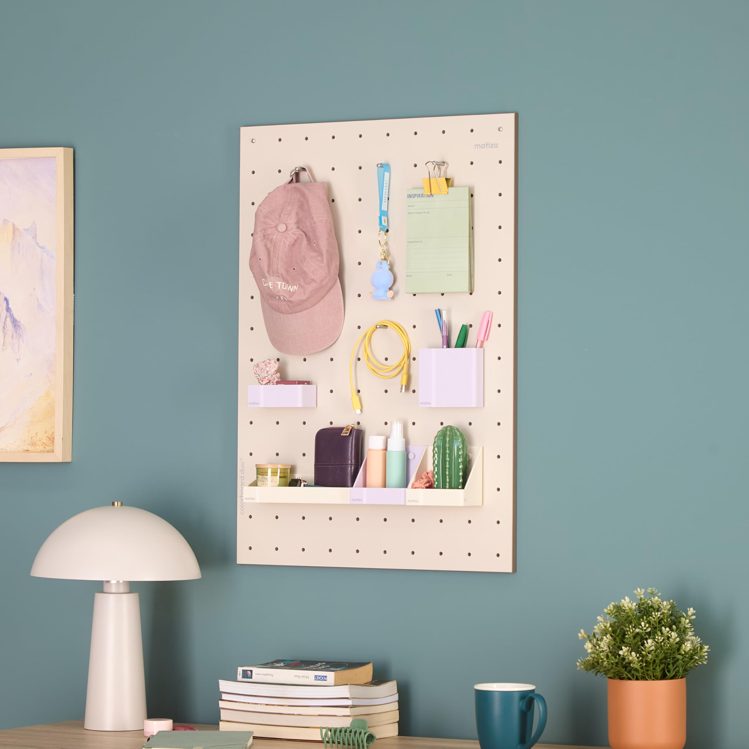 Perforated Wall Board, pegboard, Desk Organizer, Tool Panel, Perforated Panel, Matiza (50 cm x 70 cm, Lavender, Biscuit, Blue, Yellow) - with Boxes Accessories Basic Kit (Yellow)