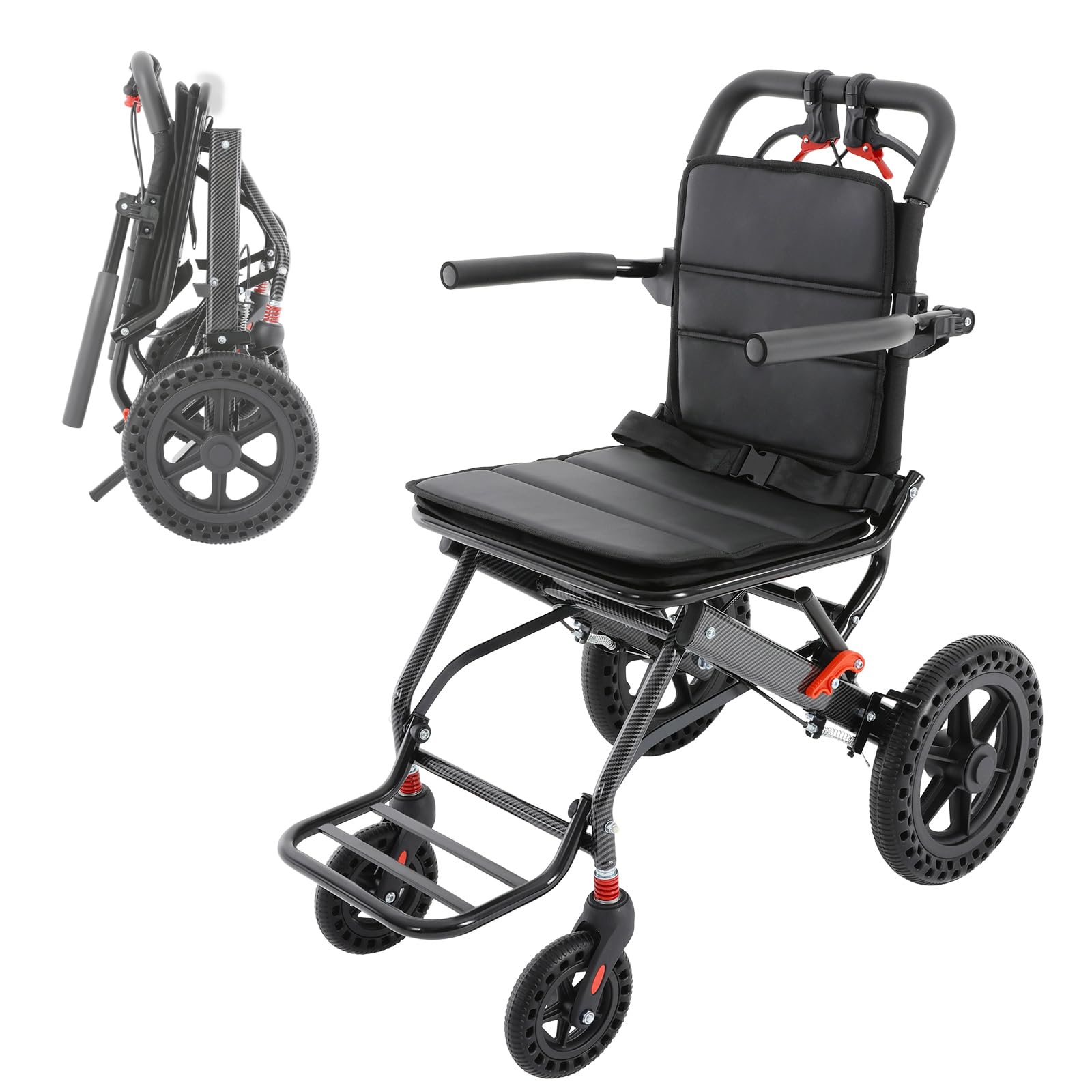 Silla de ruedas plegable ligera ultraligera, silla de ruedas de transición, freno en las asas, silla de ruedas de viaje, capacidad de carga de 100 kg, aleación de acero al carbono para