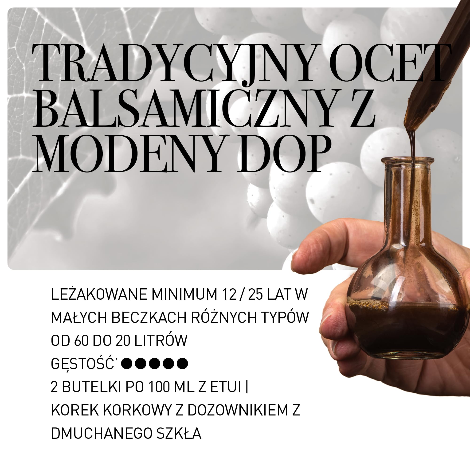La Secchia - „Duet” tradycyjnego octu balsamicznego z Modeny D.O.P. z wiekiem 12 i 25 lat. Dwie butelki o pojemności 100 ml z wieczkiem dozującym z dmuchanego szkła.