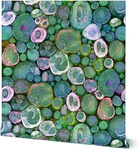 Spoonflower Removable Wallpaper 9ft x 2ft - Geode Green Jewel Rock Gemstone Watercolor Malachite Geology Emerald Painting Circles Custom Pre-Pasted