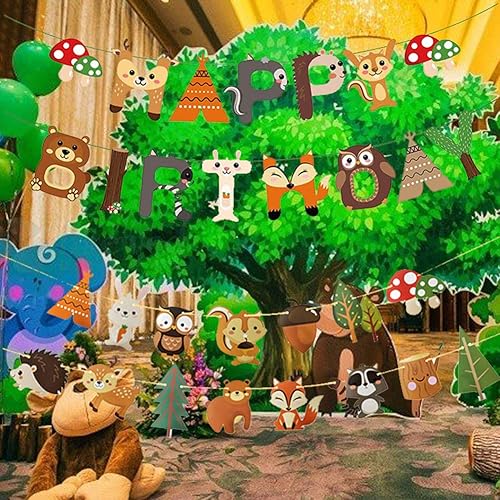 Miniatura 3 de Decoraciones de fiesta de bosque, pancarta de feliz cumpleaños con guirnalda de banderines de animales del bosque para niños y niñas, suministros de