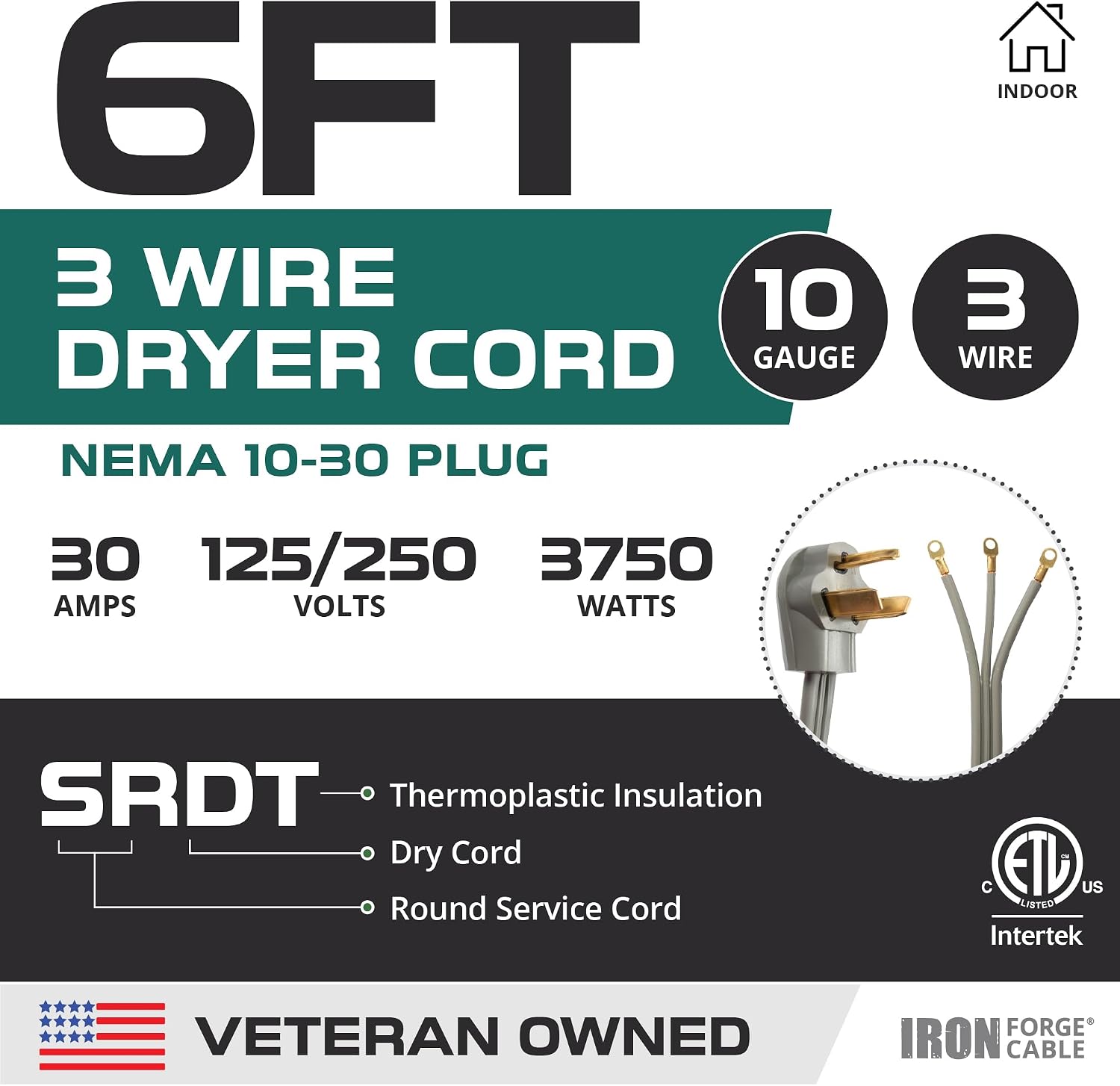 Iron Forge Cable 3 Prong Dryer Extension Cord 6 Ft, 125V/250V Cord NEMA 10-30 Plug SRDT, 10/3 Dryer Cable Flat Head, 30 Amp 3 Wire 6 Foot - Gray