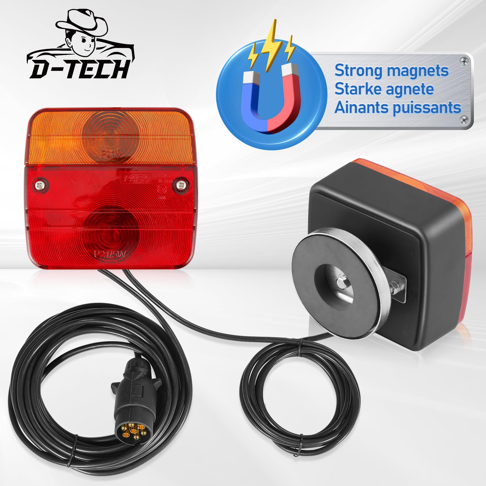 D-TECH Pilotos Traseros Remolque Con Iman, Juego de Luces Traseras Remolque Magneticas Homologados, 12V Kit Pilotos Remolque, Luces Traseras Remolque Con Cable 2.5/7.5M, Homologación ECE