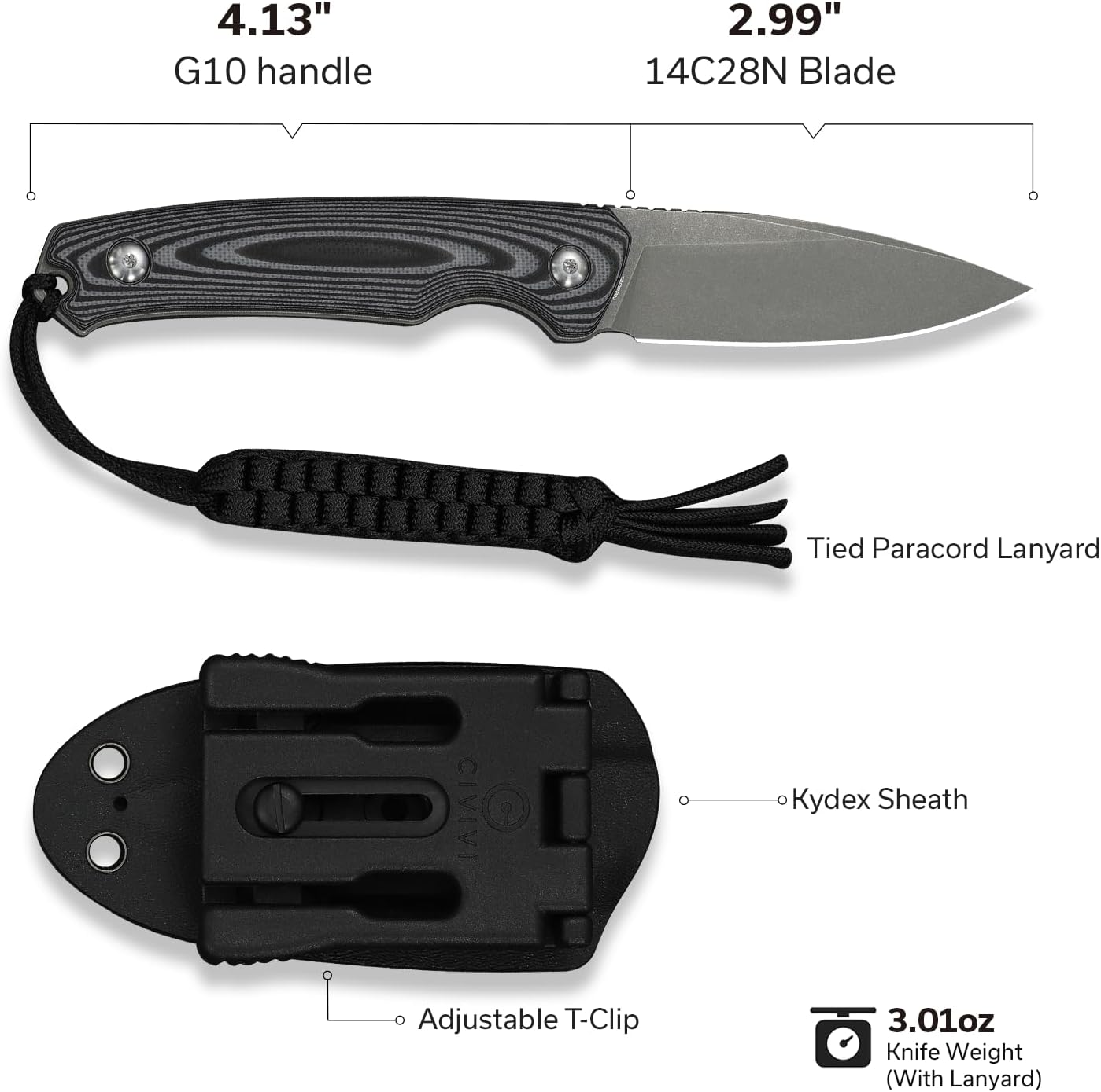 CIVIVI Altus EDC Fixed Blade Knife, 2.99" 14C28N Steel Drop Point Blade, Full Tang G10 Handle, Kydex Sheath with T-Clip, Ideal for Outdoor Camping Hiking and Everyday Carry C20076B-2