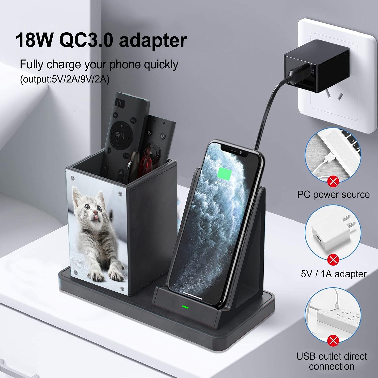 KINGFOM PU Leather Desk Organizer Pen Pencil Holder with Wireless Charger Stand, 10W Fast Wireless-Charging for iPhone 11, 11 Pro, 11 Pro Max, XR, Xs Max, XS, X, 8, 8 Plus(Gray)