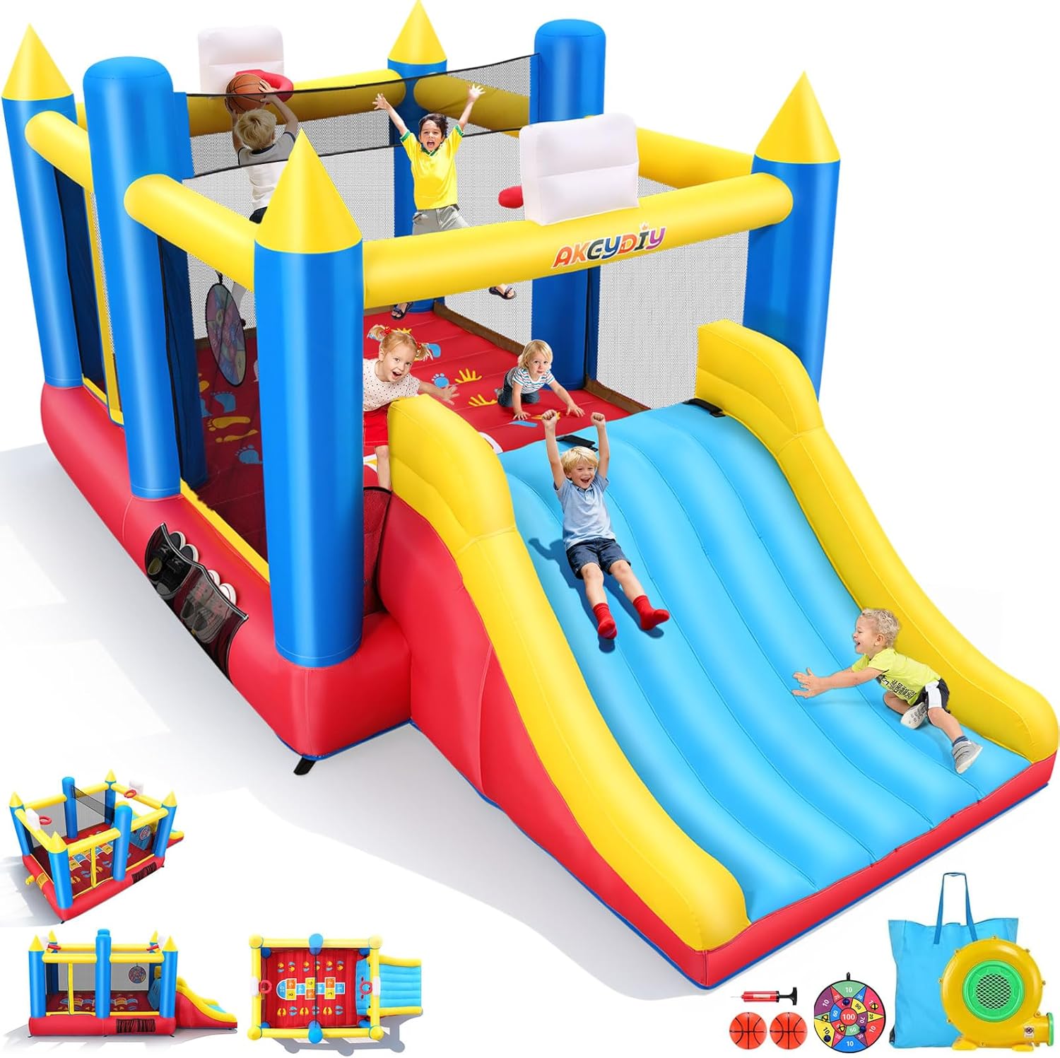 AKEYDIY Inflatable Bounce House for Kids 3-12, 15.2x8.3x7 ft Bouncy House w/Large Bounce Area, Extra Wide Slide, 2 Basketball Hoops, Removable Volleyball Net, Dart Ball Set, Blower Included