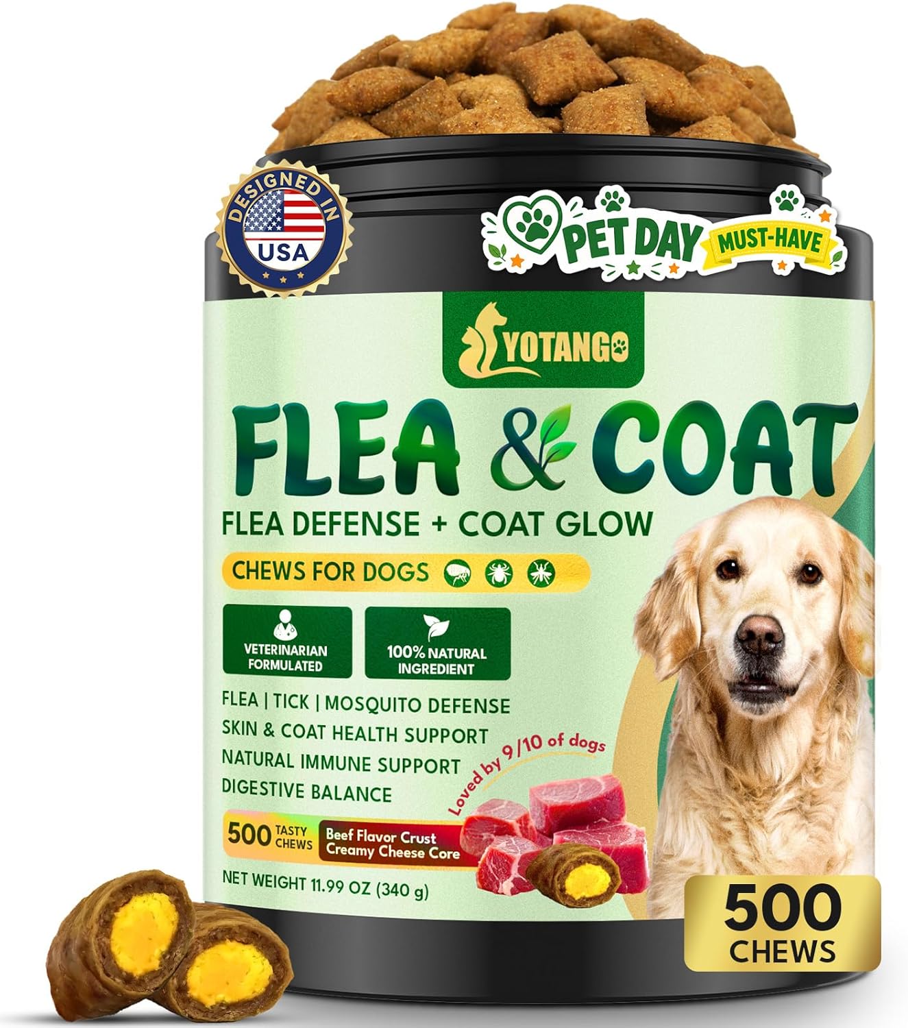YOTANGO Dog Flea and Tick Support Crunchy & Creamy Chewables, 500 Chews Natural Flea and Tick Support for Dogs Chewable, Skin and Coat Support, Flea Chews for Dogs and Puppies (Beef Flavor)