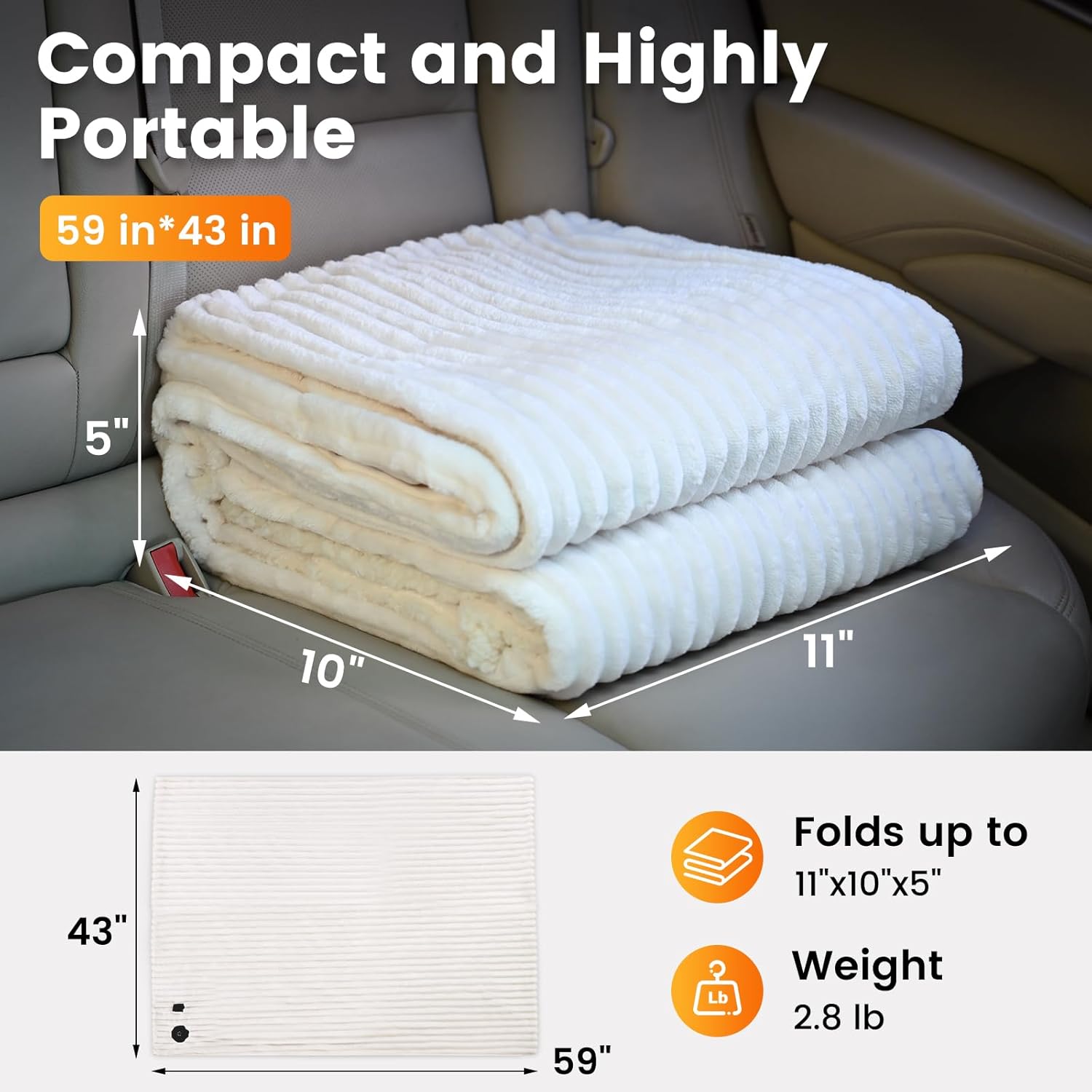 WOOMER 12V Heated Blanket for Car – Soft Faux Fur & Cozy Sherpa with 2 Output USB Ports (1A +1 C) 4 Heating Levels & 4 Hours Auto Off, Machine Washable, 59" X 43", Beige