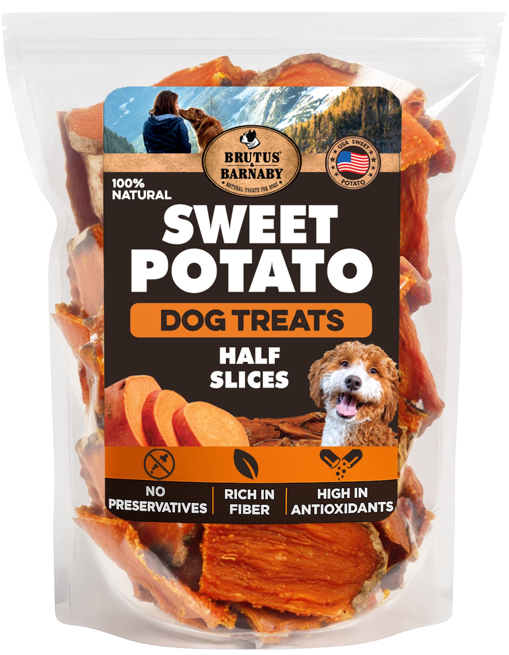 BRUTUS &amp; BARNABY Dried Sweet Potato Dog Treats &amp; Chews, Half Slices, 8 oz