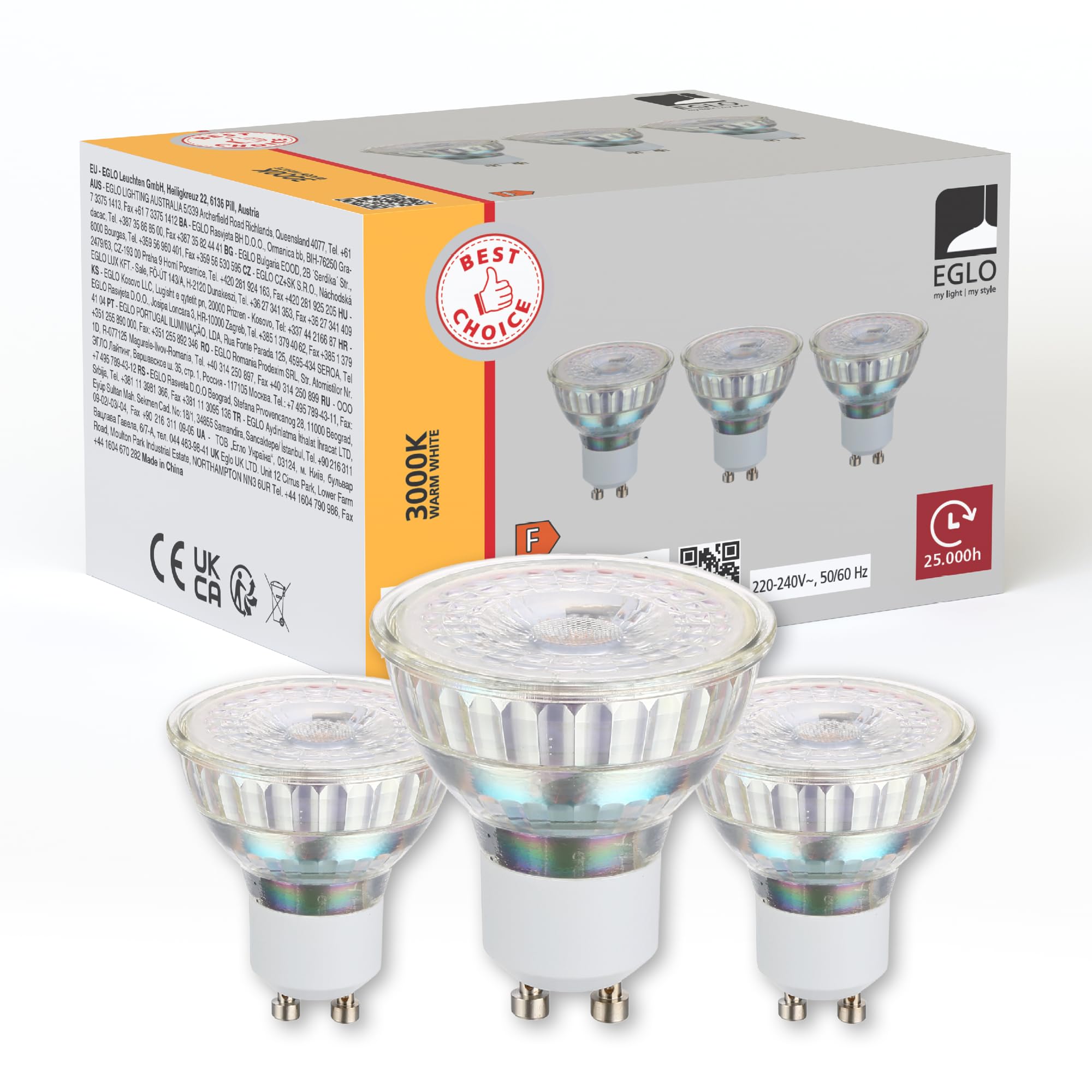 Eglo Clear Gu10 Led Light Bulbs, Pack Of 3, 3000K In
