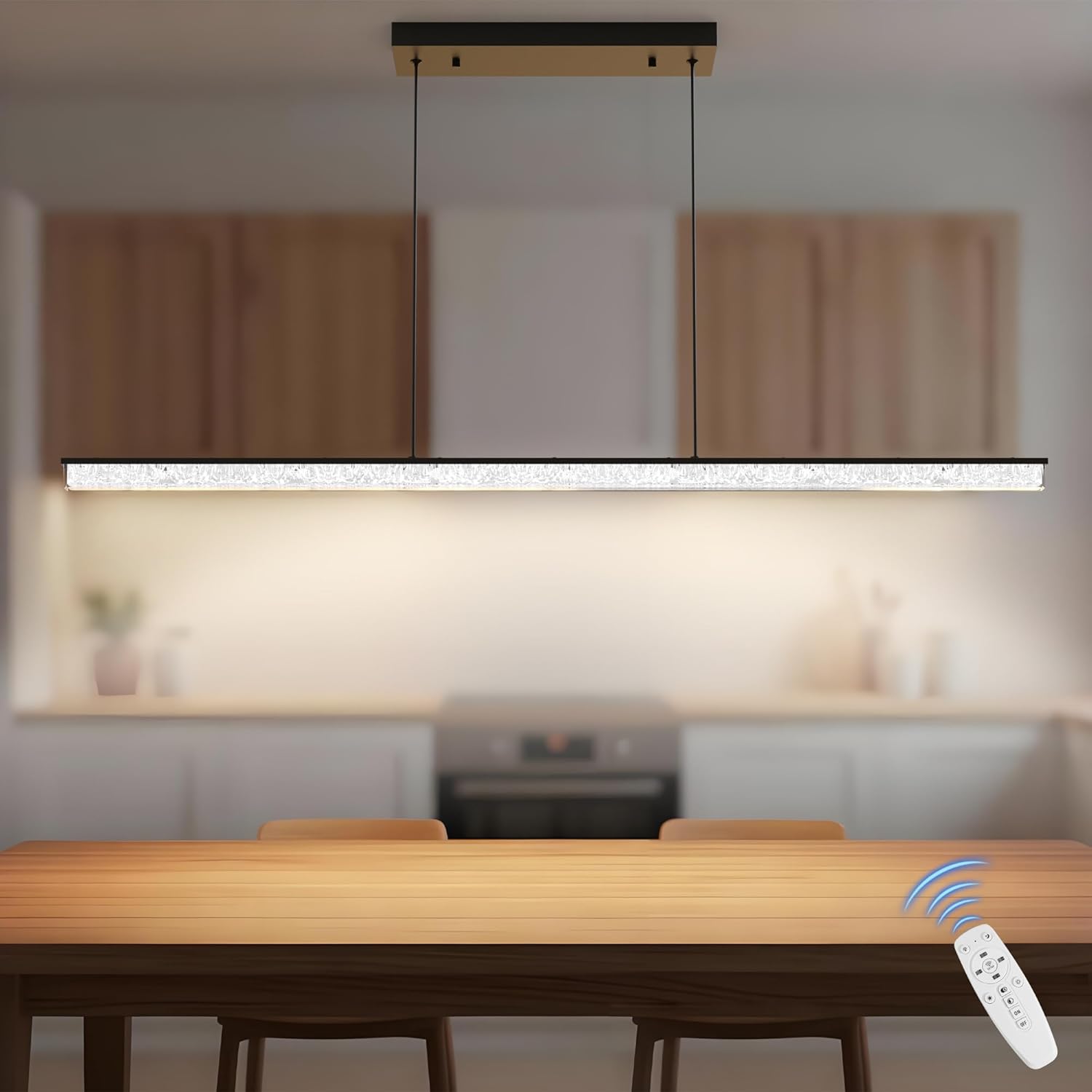 Modern LED Linear Crystal Pendant Light, 47IN Dimmable Ceiling Chandelier with Remote Control, 3-Color Temperature Adjustable Hanging Light Fixture for Kitchen Island, Dining Room & Pool Table