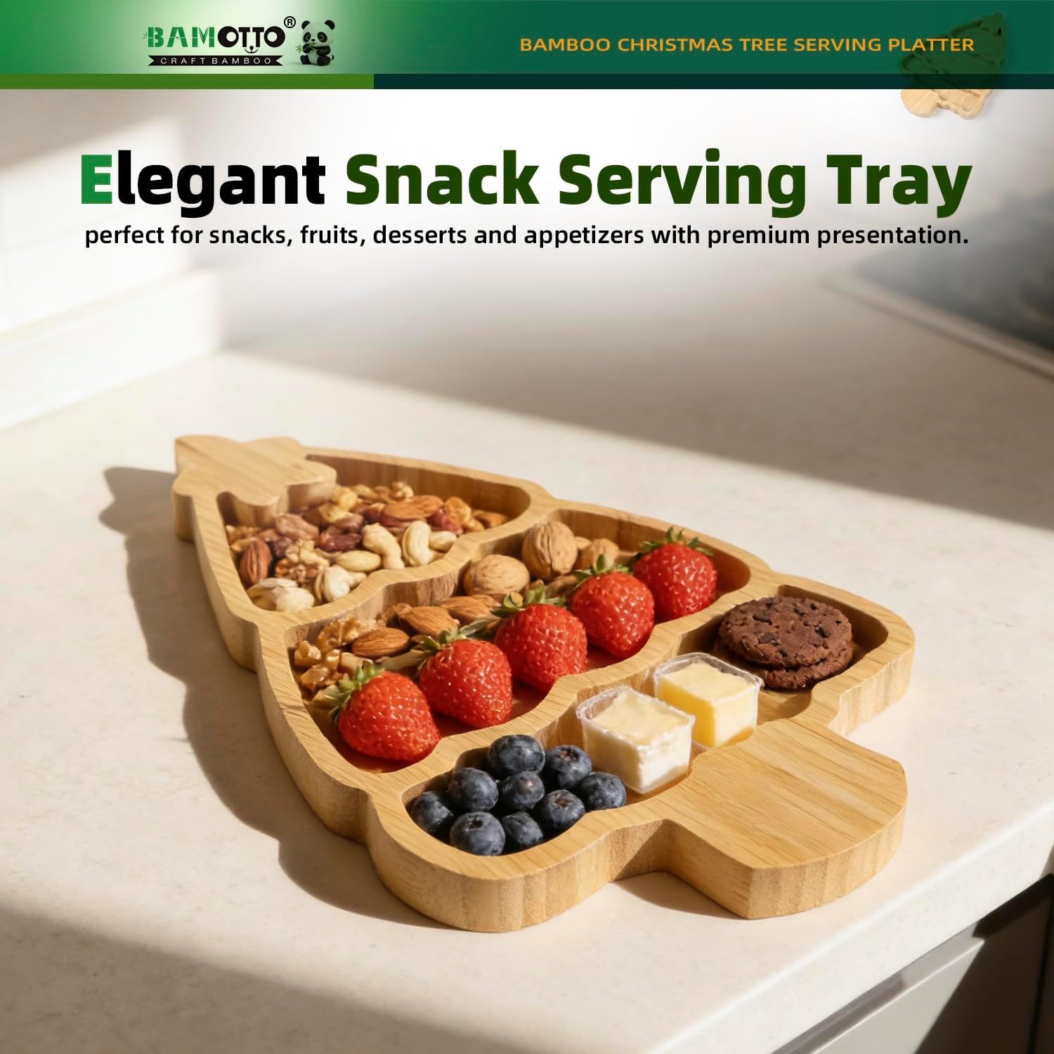 Bamboo Christmas Tree Serving Platter - 13.5"x8.8" Large Kids Snack Plate, Food Safe Charcuterie Board for Christmas Thanksgiving, Divided Tray for Fruit, Dessert, Baby Food - Image 6