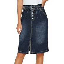 Womens High Tummy Control Stretchy Denim Mid Skirts Waisted Elastic Button Jeans Skirt Casual with Pockets