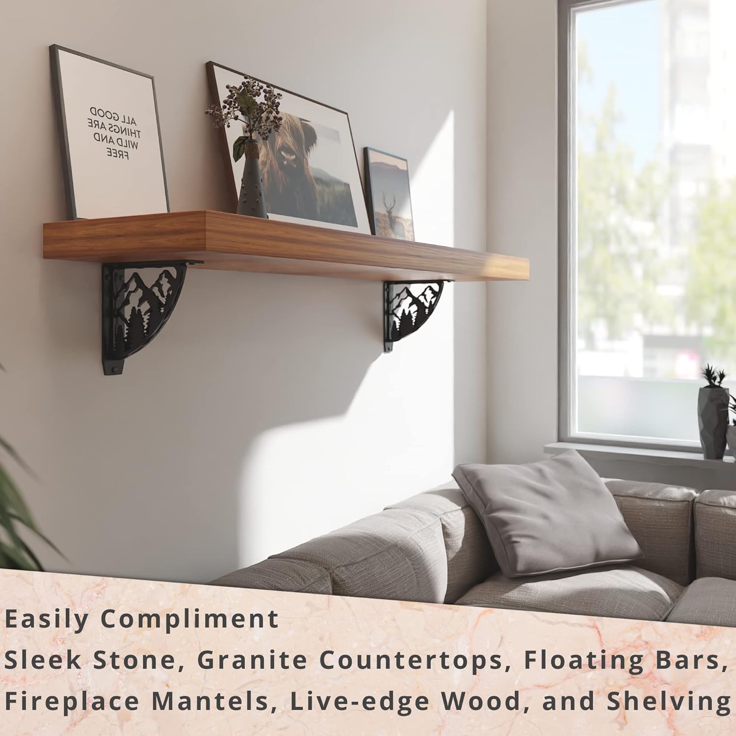 STARBY Heavy Duty Shelf Brackets. 2 Pack, 8" x 8" Fireplace Mantel Corbels. L Shaped Metal Bracket Counter Supports. Designer Wrought Iron Black. DIY Hardware Included. 500 Lb Capacity. Made in USA