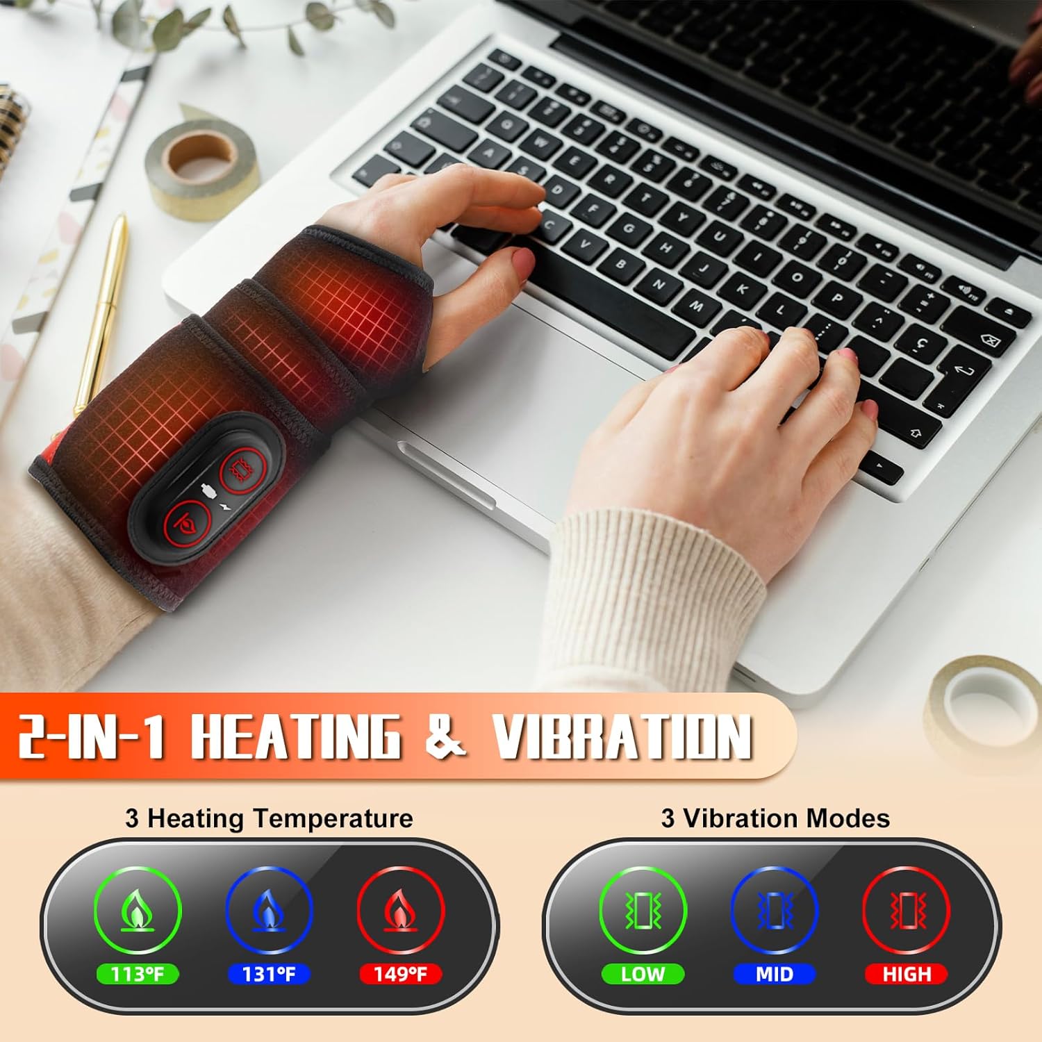 Cordless Wrist Hand Heating Pad Massage for Pain Relief, Rechargeable Heated Hand Massager for Arthritis and Carpal Tunnel, Red Light Therapy Heated Wrist Massager Wrap, Black - Image 4