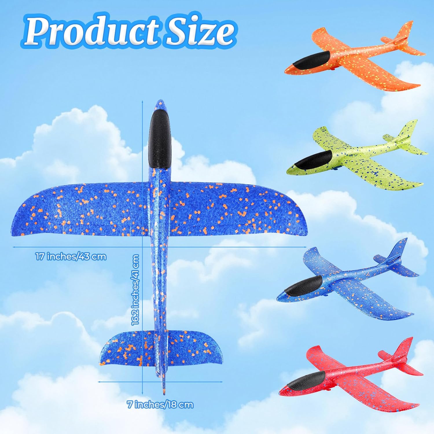 4 Pack Foam Airplane Toys, 17" Large Throwing Foam Plane, 2 Flight Mode Glider Plane for Kids,Throwing Glider Airplane, Outdoor Airplanes Toy for Boys Girls Birthday Party Favors(4 Colors)