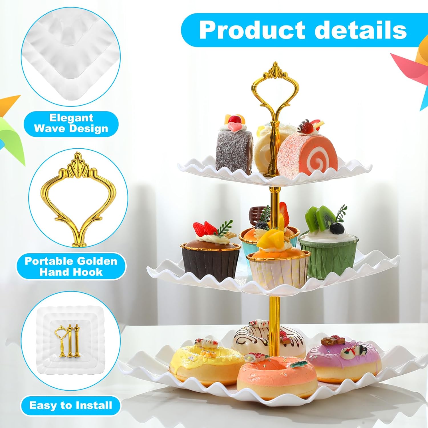 Chunful 8 Pack 3 Tier Cupcake Stand Bulk Square Tiered Dessert Stand Holder Wave Edge Thick Plastic Serving Tray Dessert Table Display Set Tea Cake Holder for Wedding Birthday Party(Gold)