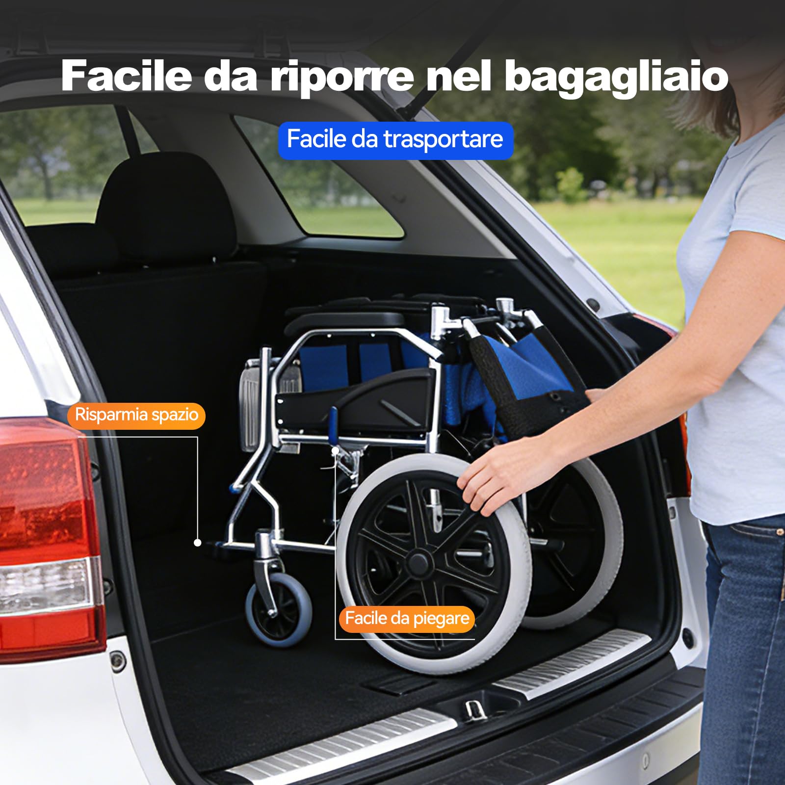 M3 Sedia a rotelle pieghevole e leggera, doppio freno, capacità di carico 100Kg, poggiapiedi pieghevoli, ideale per anziani e con mobilità ridotta - Blu