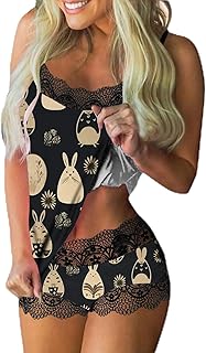2025 - Conjunto de ropa de dormir para mujer, sexy, diseño de Pascua, encaje, ajustable, camisola, corto, abrigo para mujer