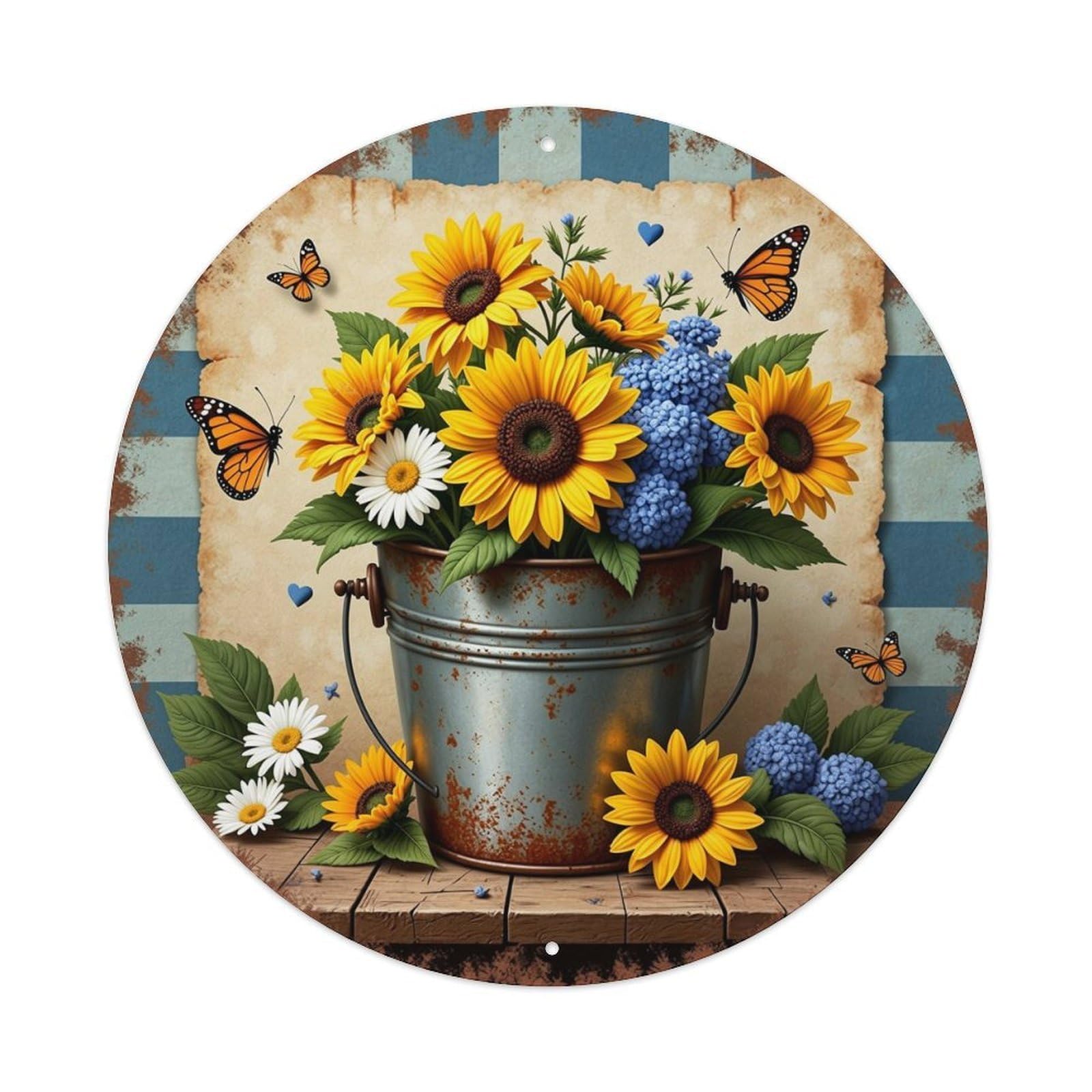 Sunflower Bucket Butterflies Blueberries Daisies Round Metal Tin Sign Vintage Wall Decor, Bar Garage Cafe Kitchen Home Wall Art Poster 8x8inches