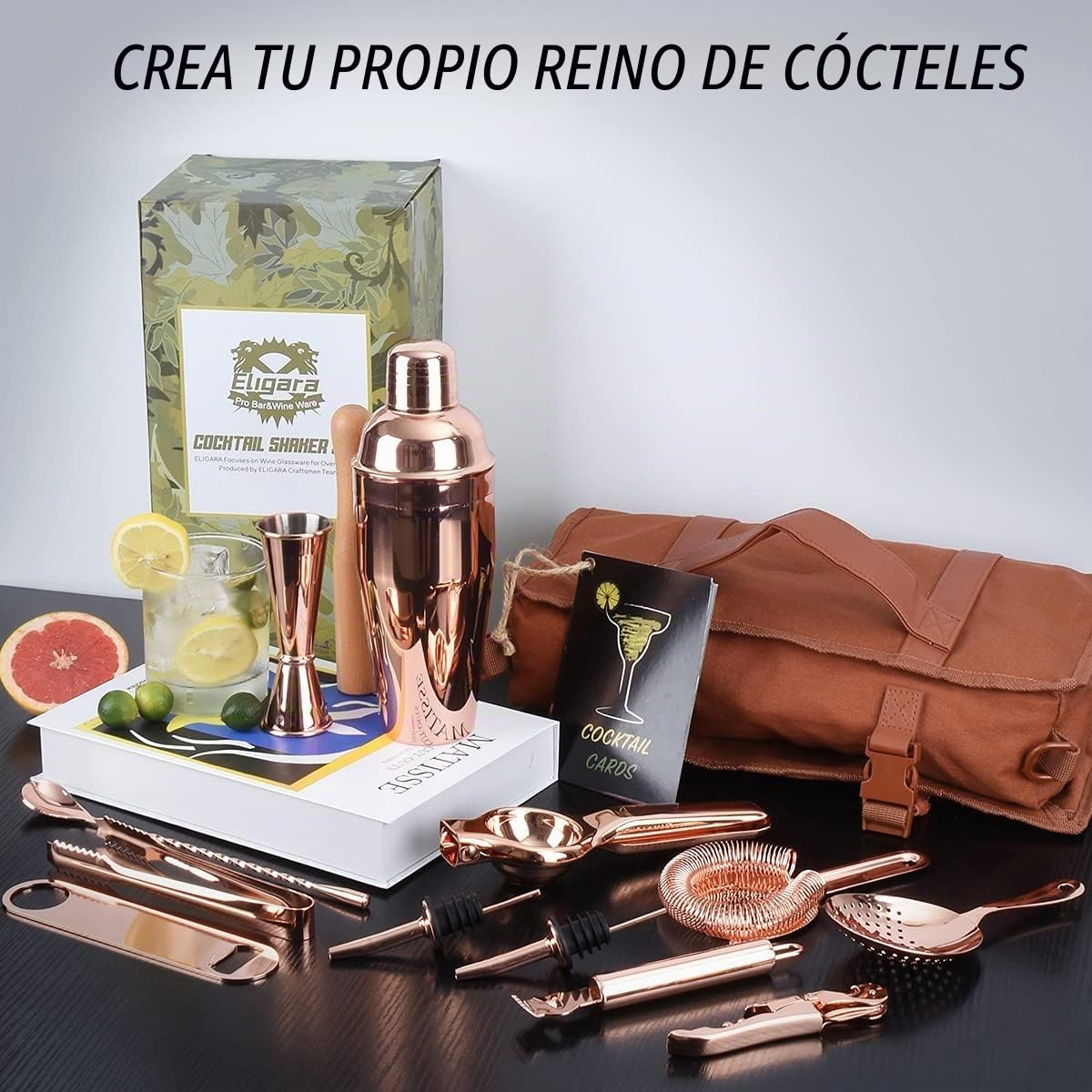 Kit Barman Profesional, Cocktail Making Kit de 17 Piezas para Regalo, Conjunto de Bar Portátil, Bolsa de Cocktail Shaker Kit con Correa para Bar en Casa, Fiestas, Viajes de Campamento