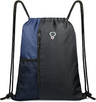 BeeGreen Drawstring Backpack Sports Gym Bag for Women Men Large Cinch Sackpack with 2 Zipper Pockets and Water Bottle Mesh Pockets Black Navy