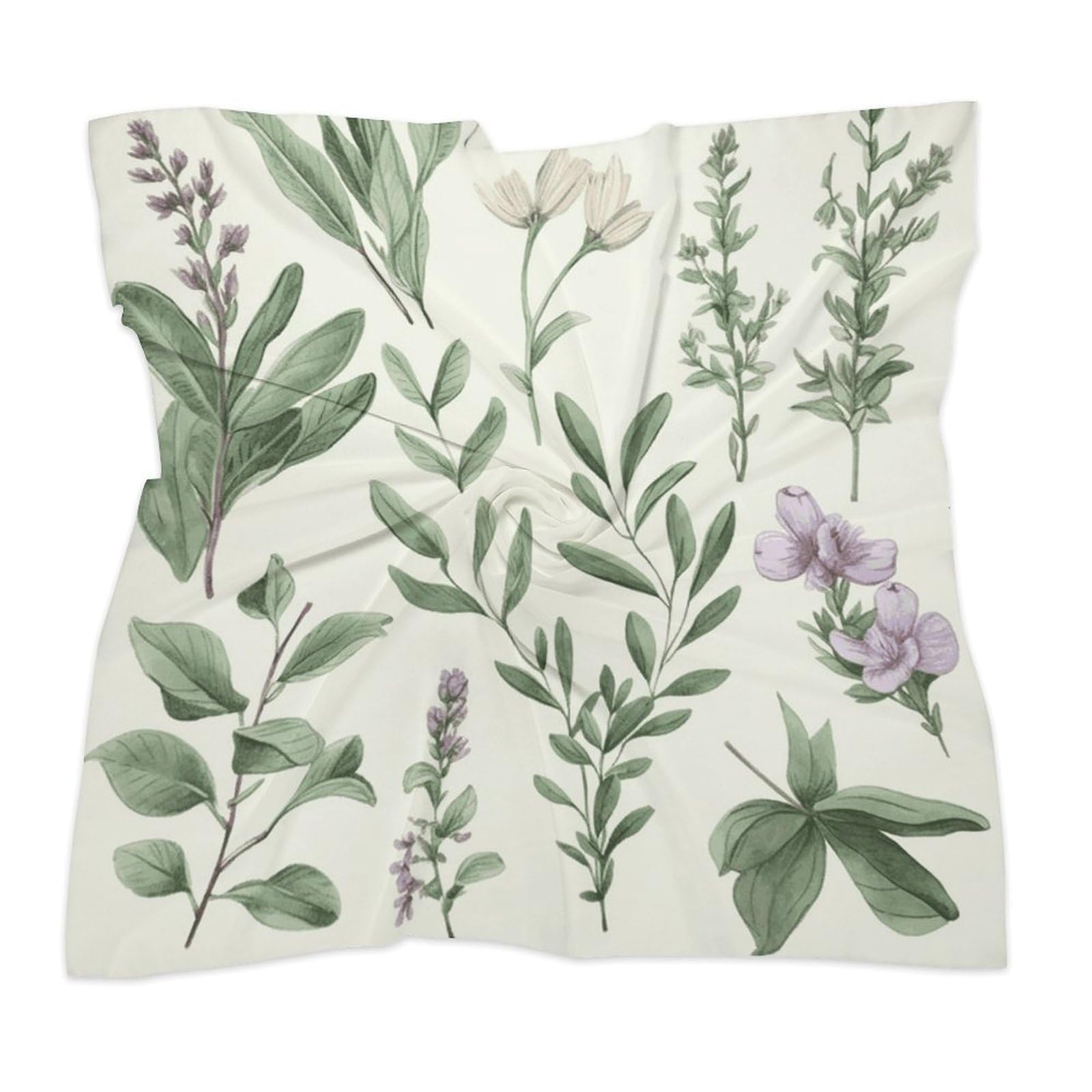 Green Flower Herb Sage Leaves And Branches Silk Like Head Scarf for Women Square Neck Scarf Satin Bandanas Fashion Headscarf, White, 18"x18"