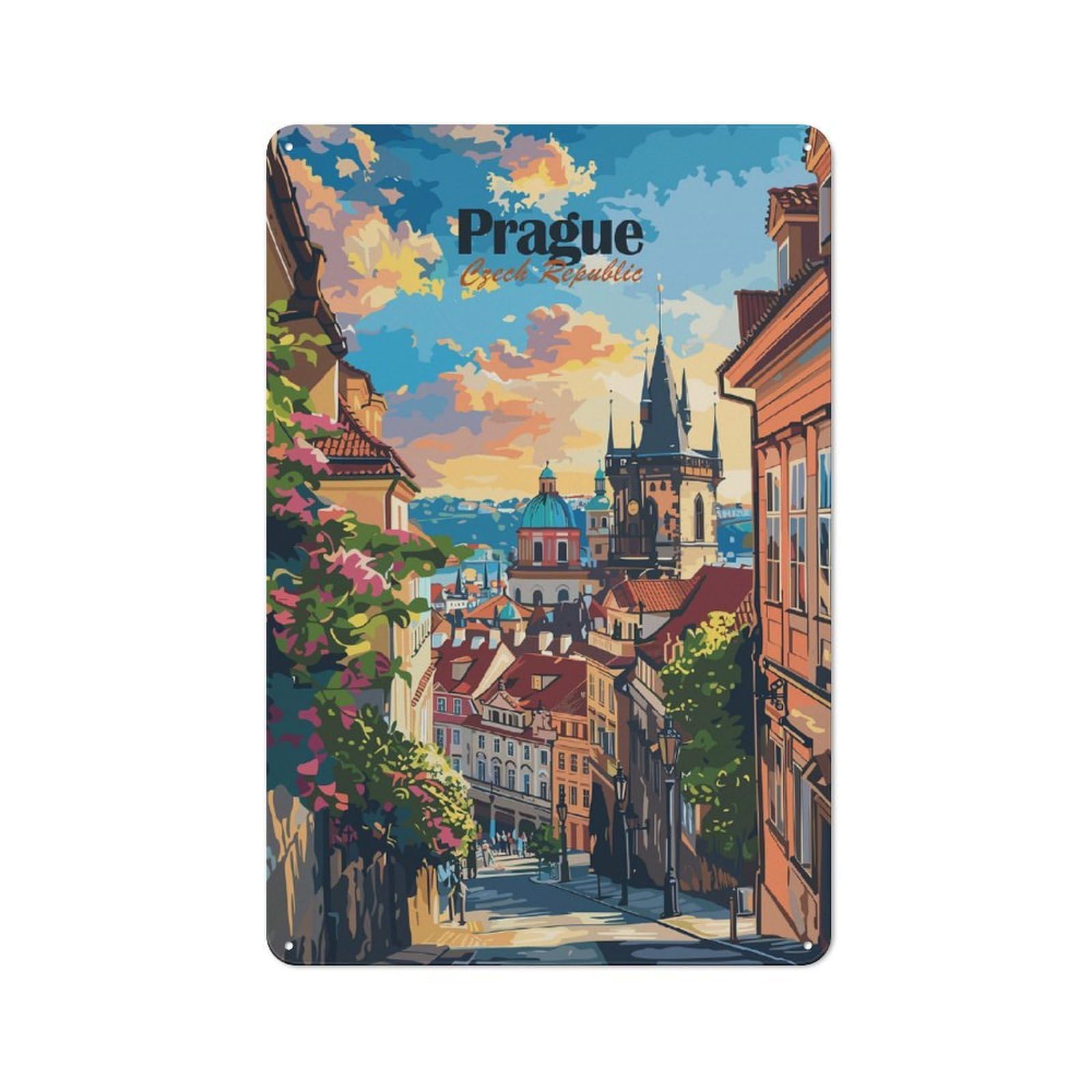 Junmoney Style-21 Metal Plaque 30X20cm With Prague Cityscape For Hallway Wall, Rustic Decor, A Metal Wall Feature For Hallways And Entrance Areas