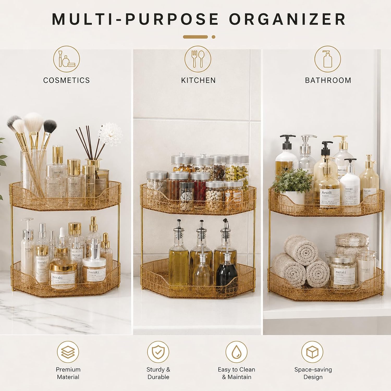 Corner Bathroom Counter Organizer, 2-Tier Makeup Organizer with Brush Holder, Amber Gold Vanity Storage for Skincare, Cosmetics, Perfume & Dresser Countertop