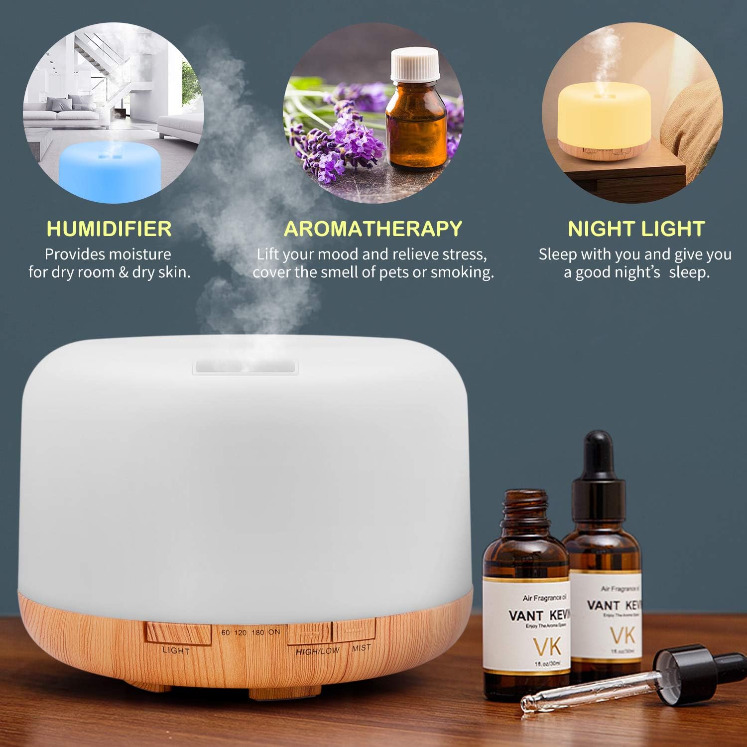 Homeweeks Essential Oil Diffuser, Quiet Aromatherapy Mist Diffusers for Essential Oils, Wood Grain Ultrasonic Oil Diffuser with Remote Control,Timer, 7 Colors Light for Bedroom (1000ml)…