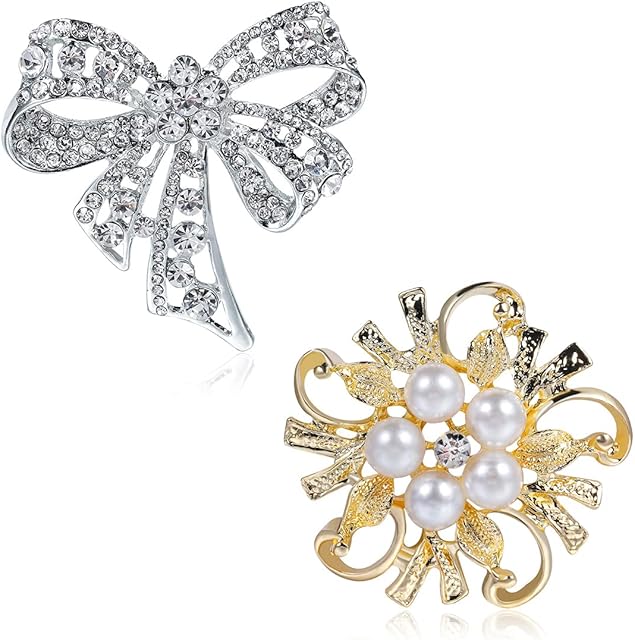 2 pcs Mix Set Diamond Brooch Rhinestone Evening Dress Brooch Rhinestone Bow Boutonniere Silver Flower Women Clothing Fashion Jewelry Sparkle Brooch Pin Elegant Party Banquet Wedding Birthday Gift