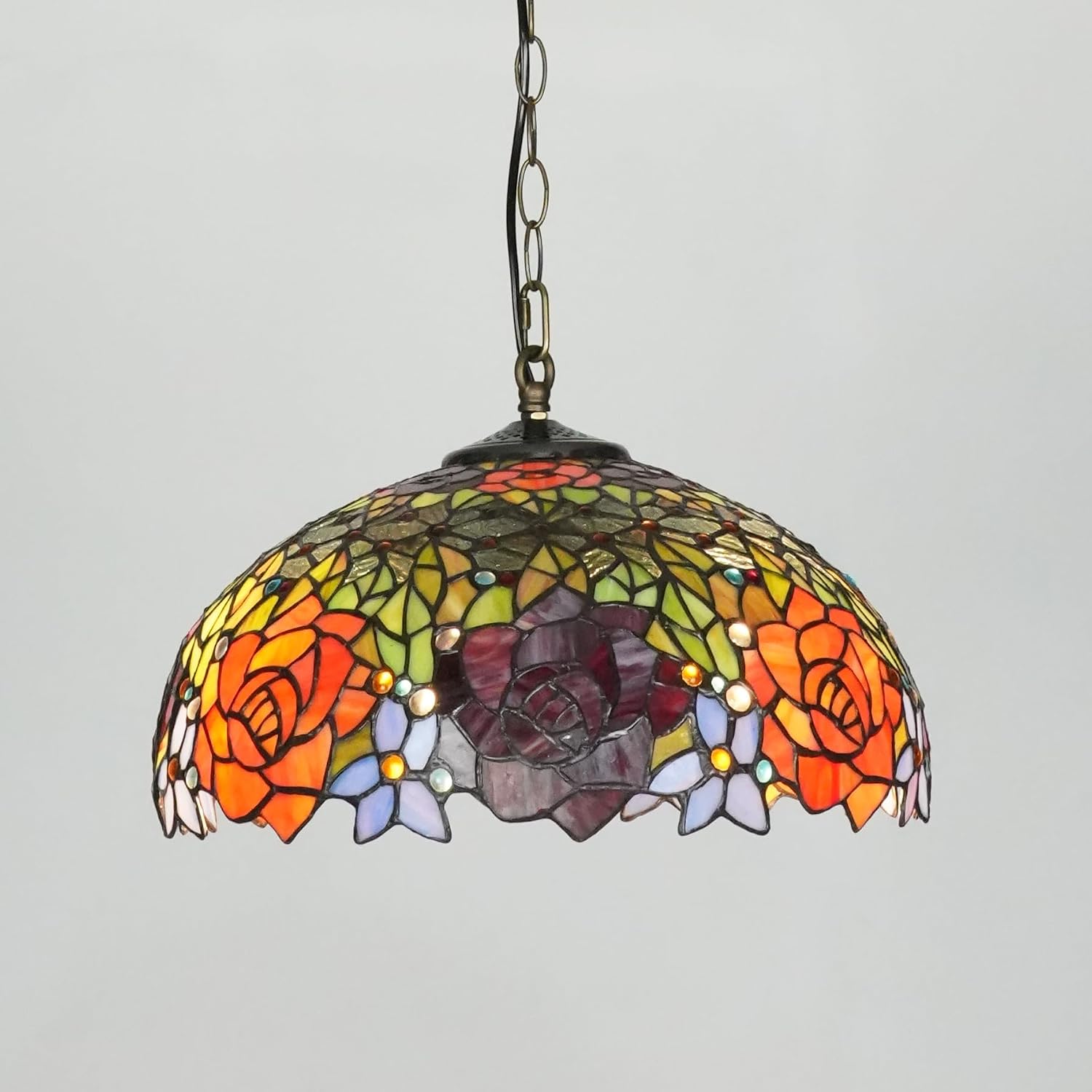 Skyblaze Tiffany Style Pendant Light Fixture, 16 Inches Stained Glass Hanging Lamp, Floral Design Pendant Light, Vintage Lighting with Handmade Lampshade for Foyer Dining Room Bedroom