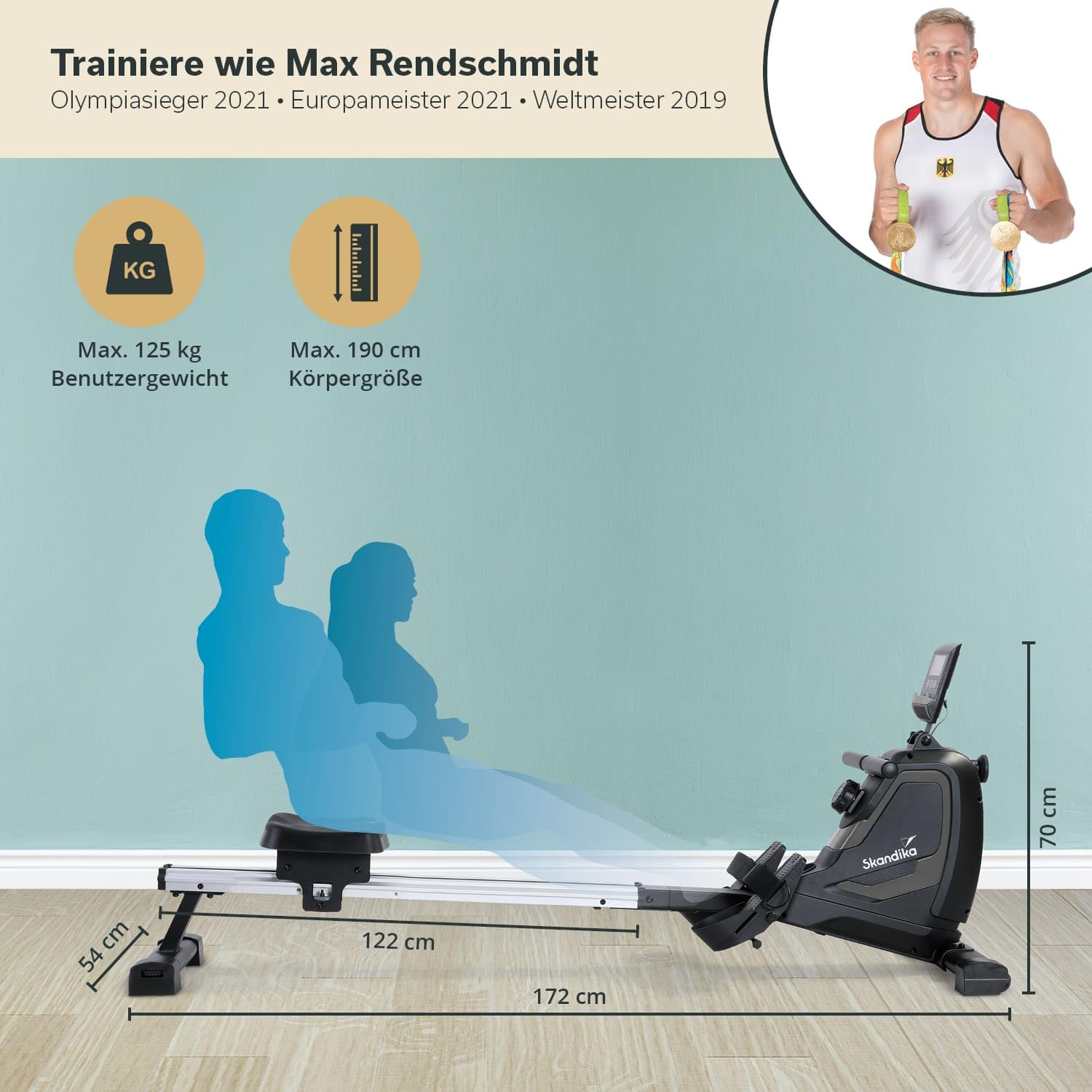 Skandika Rudergerät für Zuhause Venn | Rudermaschine mit Magnetwiderstand, 8 Widerstandsstufen, einfacher Aufbau, Bluetooth, Kinomap App kompatibel, leise & wartungsarm, Rudermaschine für zuhause