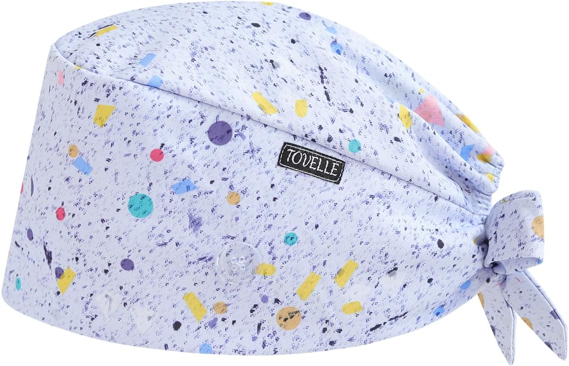Colorful Double-Sided Printed Scrub Caps for Men and Women with Buttons, Adjustable Helps Reduce Static Buildup Medical Hats, Classic and Breathable Surgical Caps with Sweatband for Long Hours