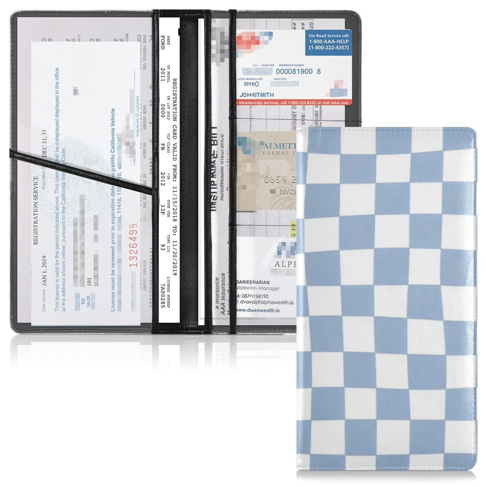 CEBUGI Blue Distorted Checkered Car Registration and Insurance Holder Glove Box Organizers Wallet Case for Documents Organizer,4.92