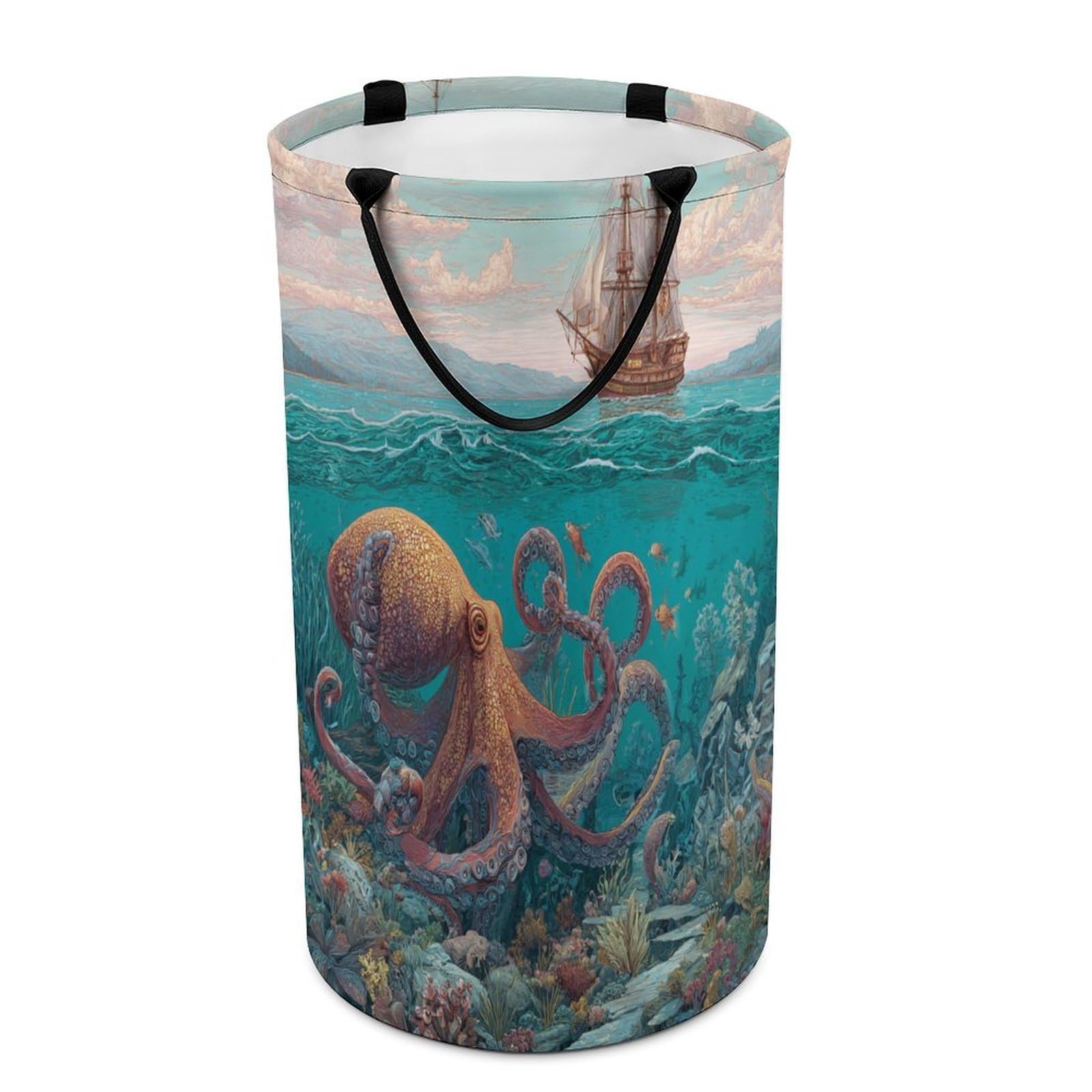 LUYYSKY Modern Funny Sea Octopus Versatile Storage Laundry Basket, Mid Century Retro Underwater Animal Octopus Fish Pirate Ship Large Bathroom Laundry Hamper With Handle-40 CM Dia, 69 CM High