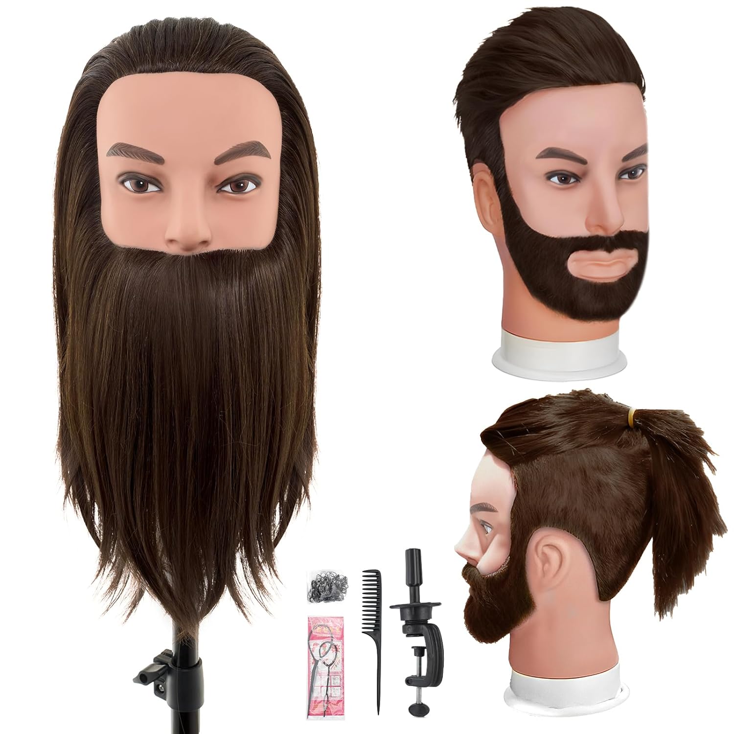 Male Mannequin Head with 100% Human Hair,10" Barber Mannequin Head,Cosmetology Hairdresser Training Doll Manikin Head for Hair Styling and Practice（Dark）