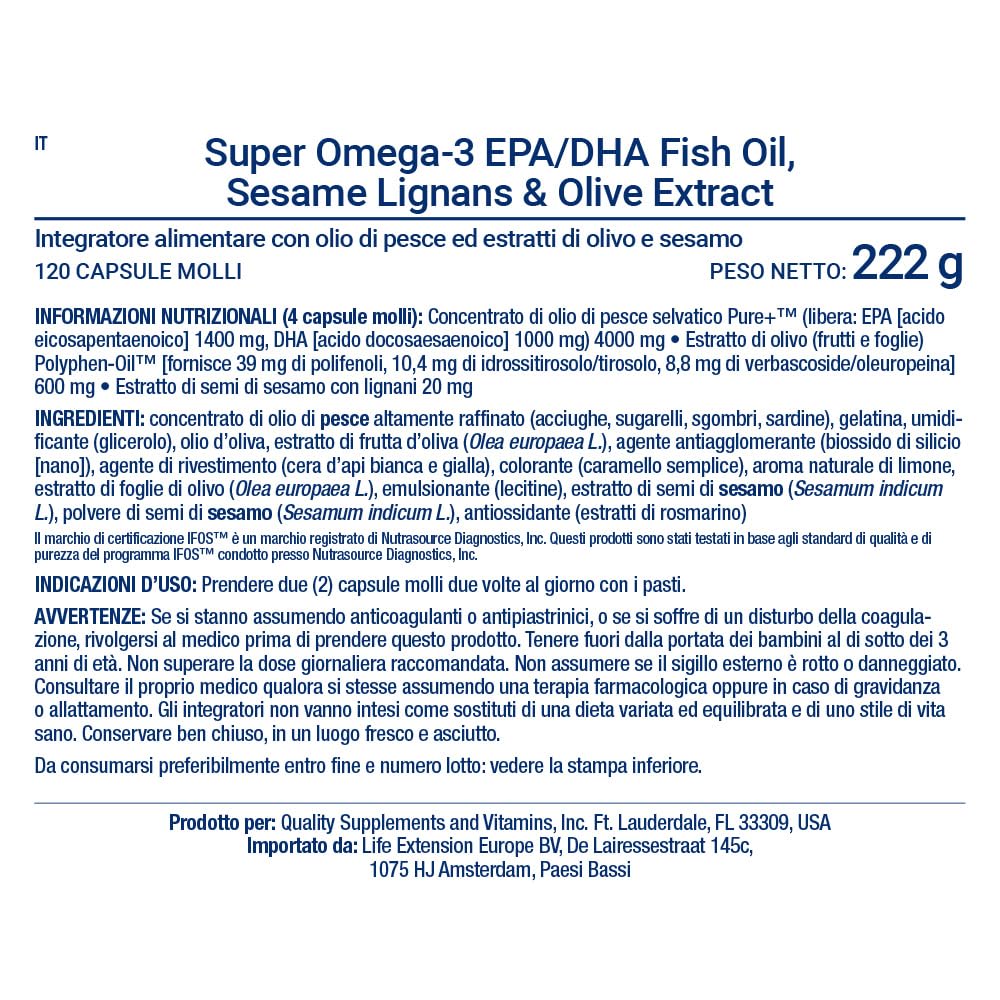 Life Extension - Super Omega-3 Plus EPA/DHA 120 Capsule - Lignani di Sesamo, Estratto di Oliva - Omega-3 ad Alto Dosaggio per la Salute di Cuore e Cervello