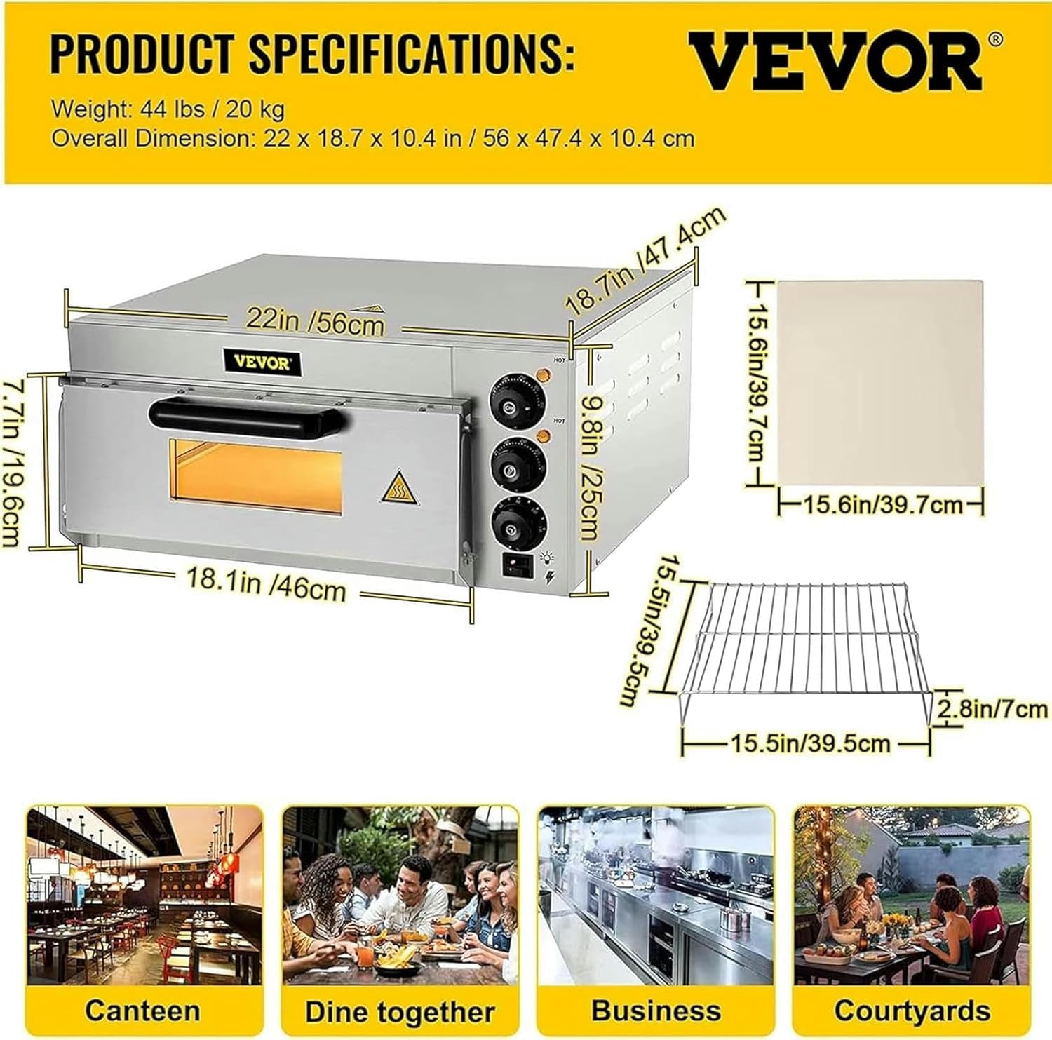 Electric Pizza Oven Maker Single Deck Kitchen Commercial Baking Fire Stone Catering with Timer,2000W,Stainless Steel