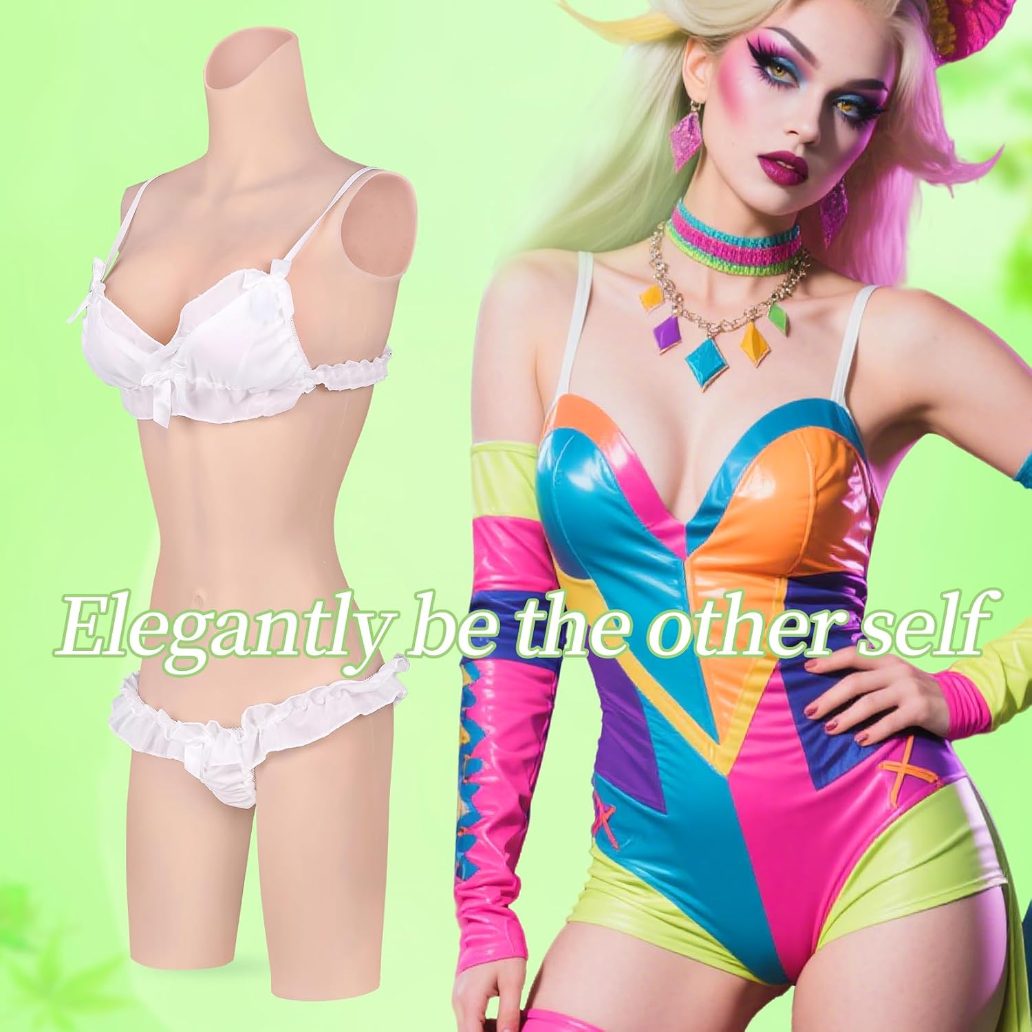 Silicone Knee Length Bodysuit for Crossdressers High Neck Realistic Silicone Breastplate Drag Crossdressing Pants
