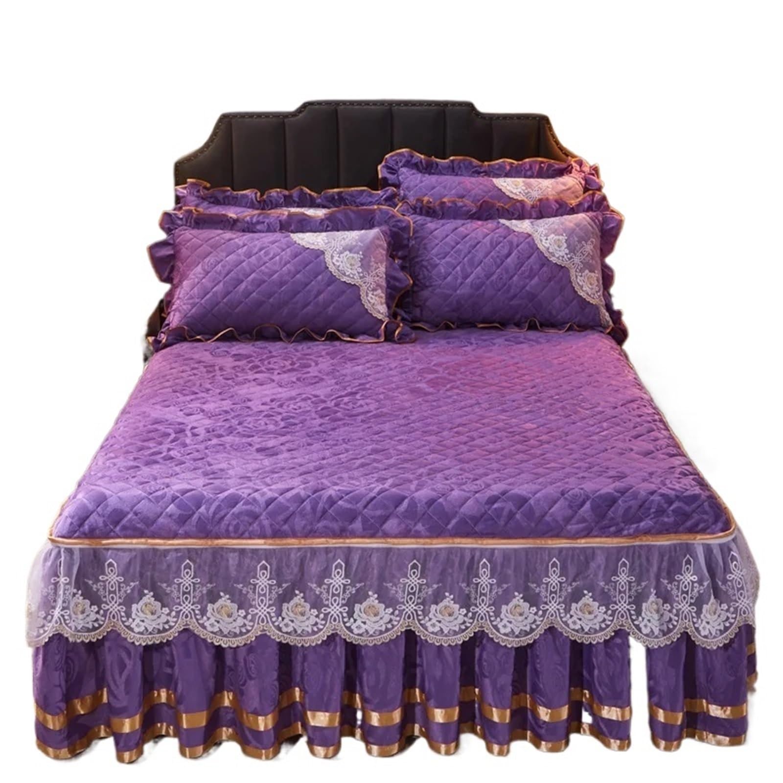 Winter Coral Fleece Zipper Removable Bedspread King Queen Thicken Velvet Quilted Bed Skirt Not Including Pillowcase(Purple,1pc Skirt 180x200cm)
