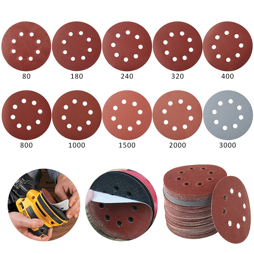 50/100PCS / Set Papel de lija Forma redonda 125mm Discos de lijado Gancho Bucle de papel de lija Hoja de pulido Papel de lija Almohadilla de pulido de 8 orificios, 100PCS, como se muestra