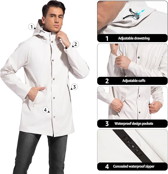 UNIQUEBELLA Raincoat for Men, Rain Jackets Waterproof With Hood Breathable Windbreaker Outdoor Men's Lightweight Coat