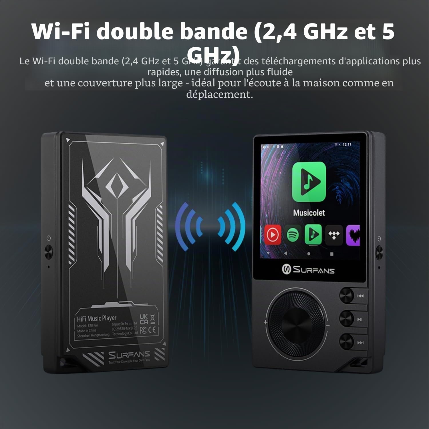 Surfans F20 Pro Lecteur de musique Android Hi-Res avec double ESS9018 DAC, DSD512, support Spotify & Tidal, Wi-Fi & BT LDAC, équilibré 4,4 mm (500 mW), extensible jusqu'à 1 To, écran tactile 2,8" MP3