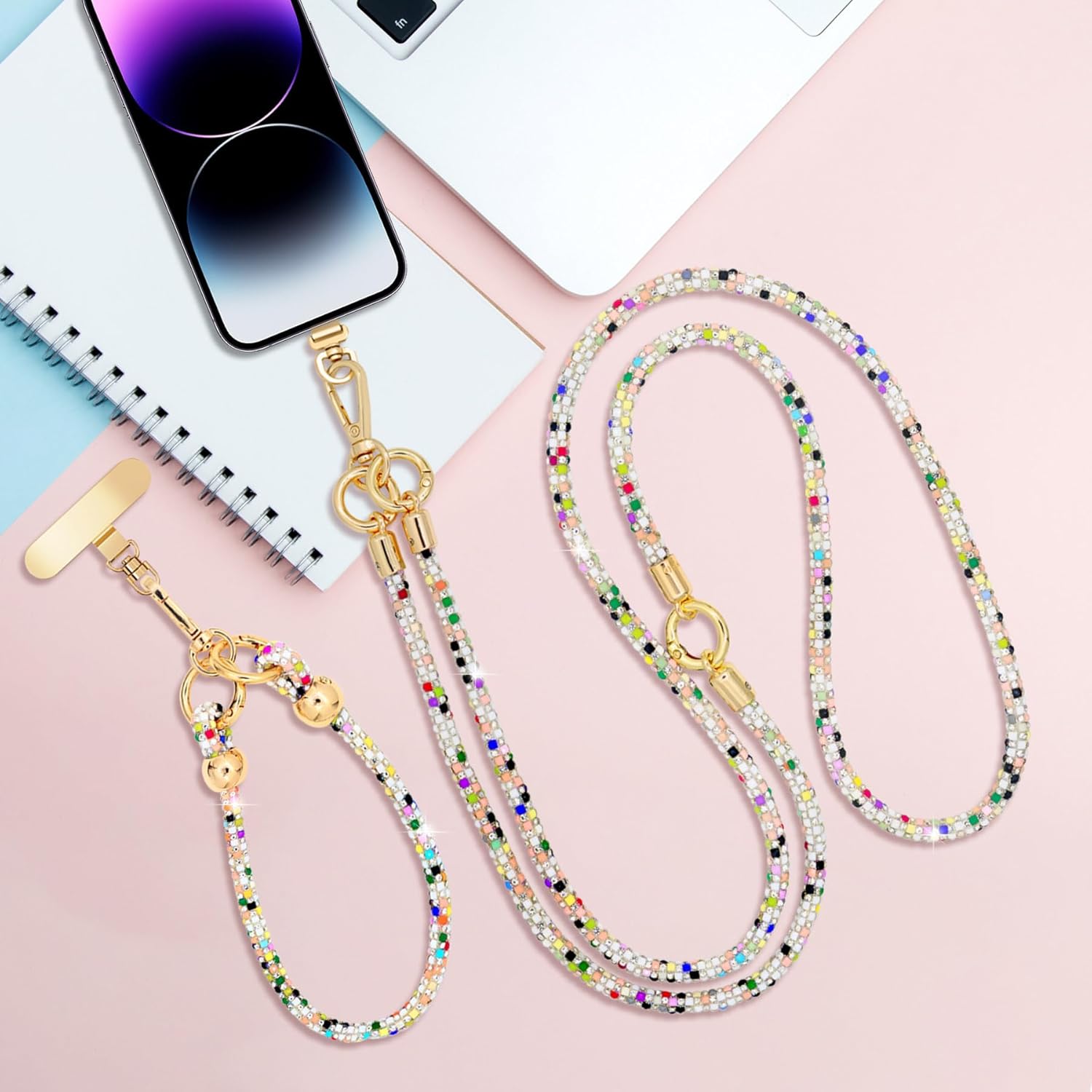 Crystal Phone Strap Crossbody and Wrist Lanyard, Anti Theft Layered & Wrist Strap Cell Phone Neck for Women - Image 6