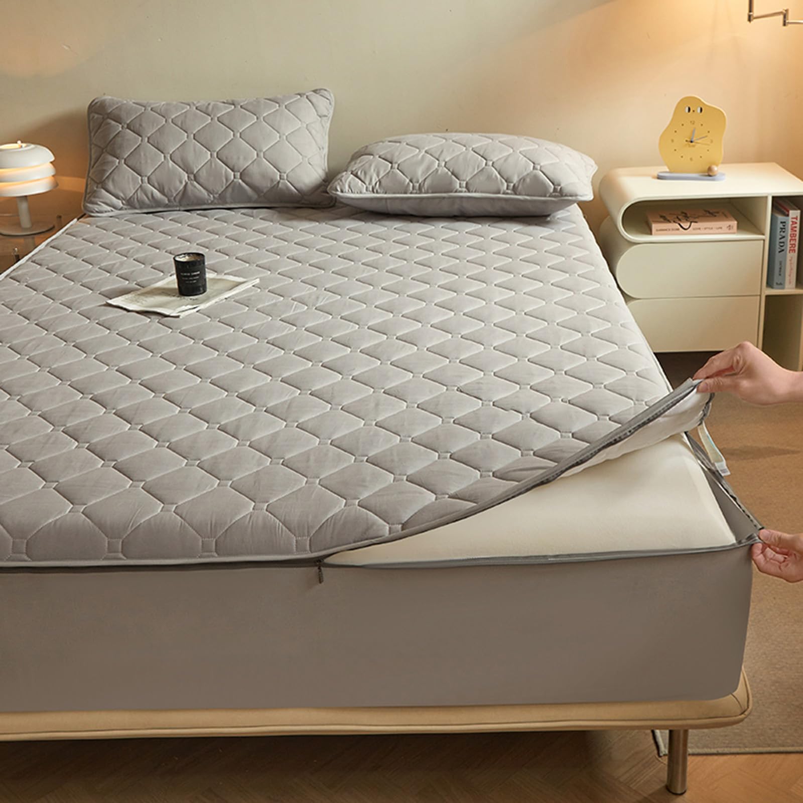 Coprimaterasso trapuntato con cerniera, completamente racchiuso, per letti singoli/matrimoniali/king size, personalizzabile, lavabile e rimovibile, rivestimento totale a 360°, lenzuolo con angoli