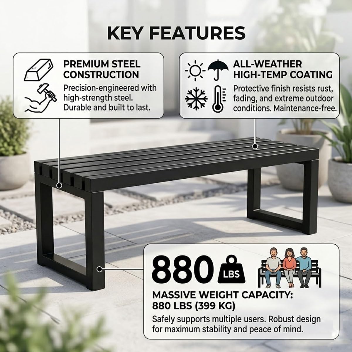 Zewnętrzna metalowa ławka ogrodowa, bez oparcia, na patio, do parku, odporna na warunki atmosferyczne, odporna na promieniowanie UV, 100/120/150/180 cm, pojemność 300 kg, idealna na werandę podwórka i